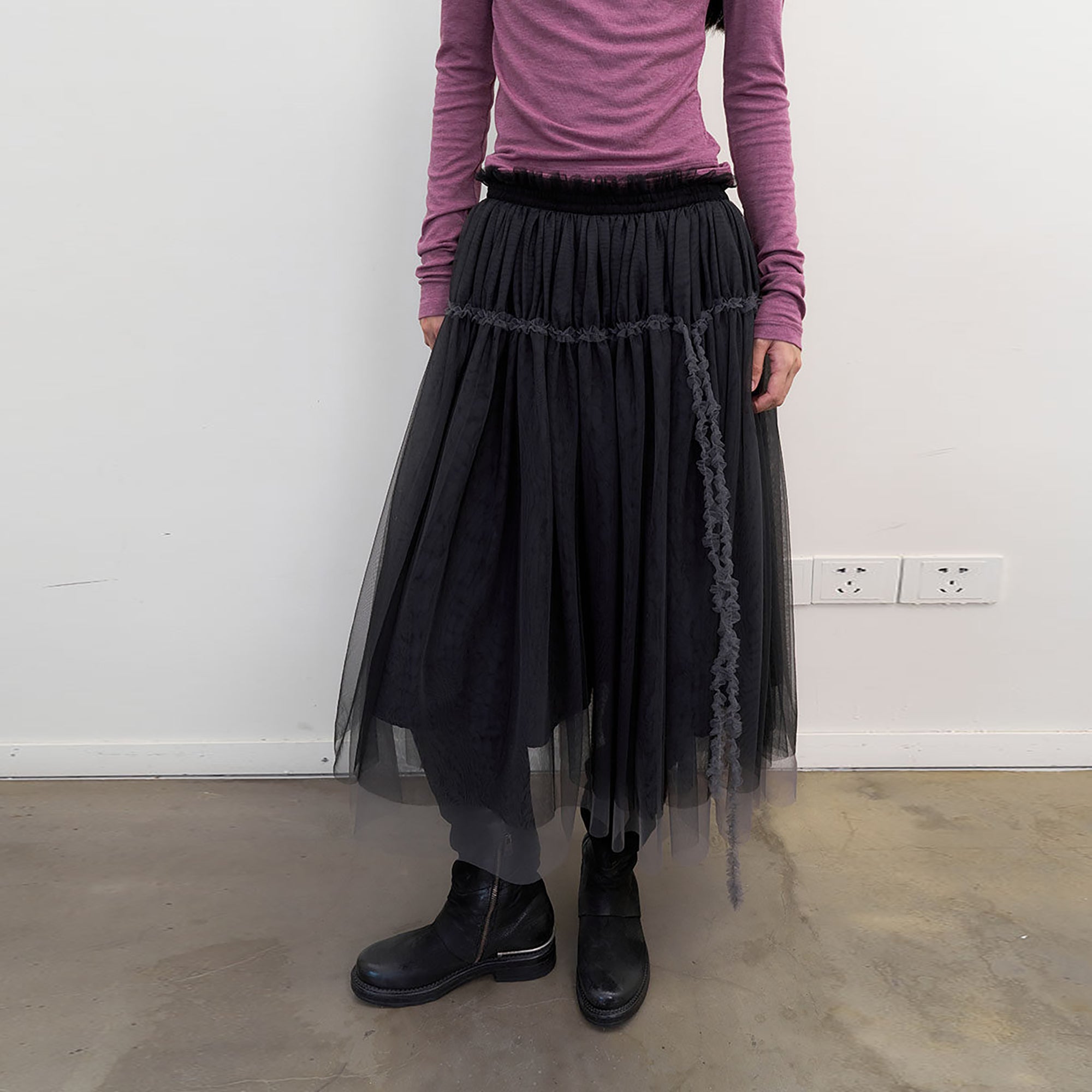 NEVERSEEZ Layered Sheer Mesh Pleated Midi Skirt