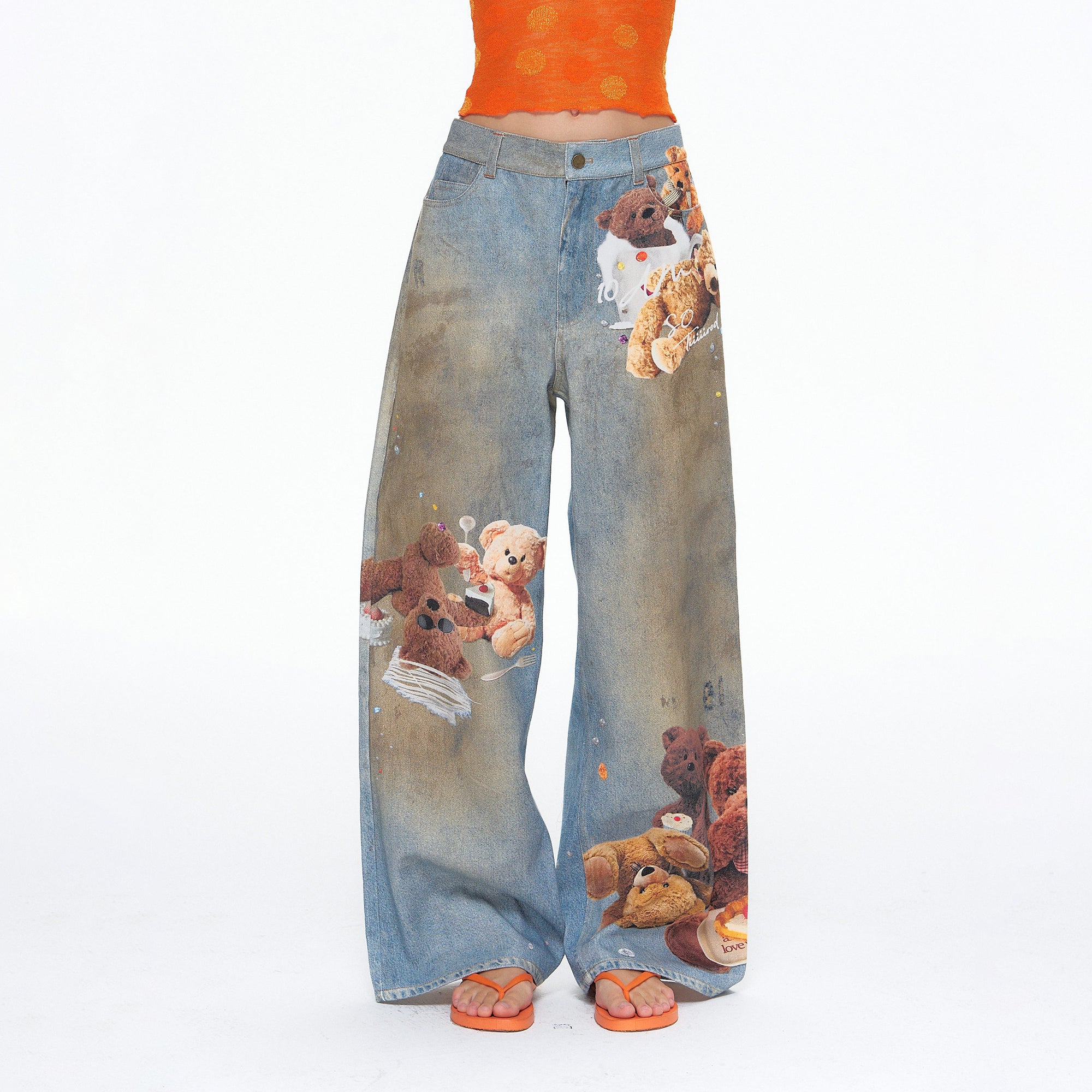 10AMSOTIIIIIIRED Retro Dog And Teddy Graphic Jeans