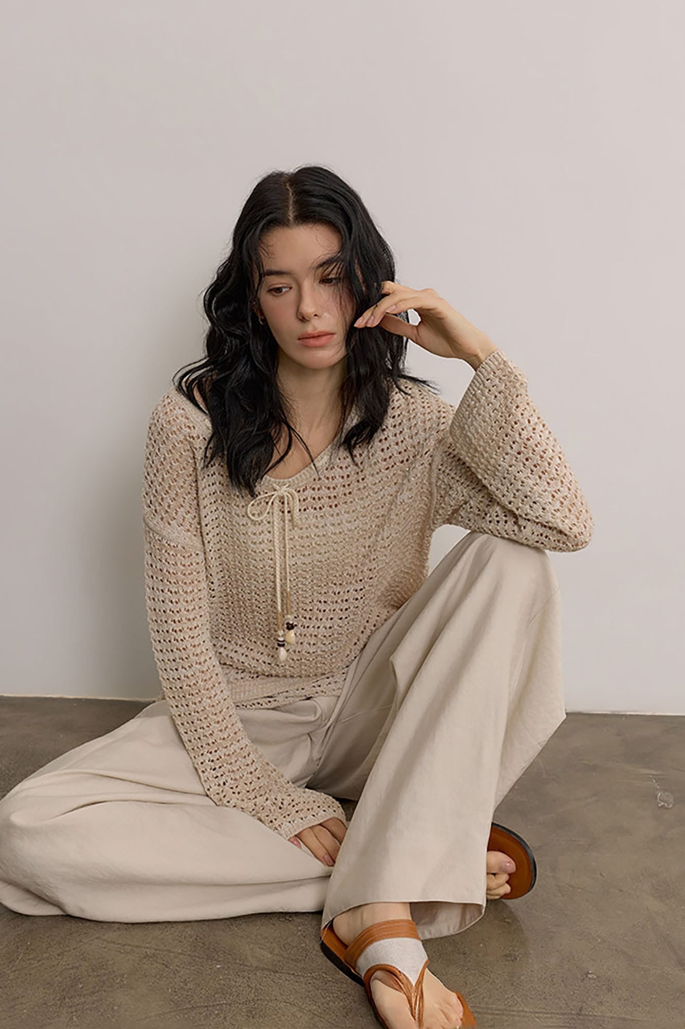 SAME FLOW Open-Knit Drawstring Oversized Sweater