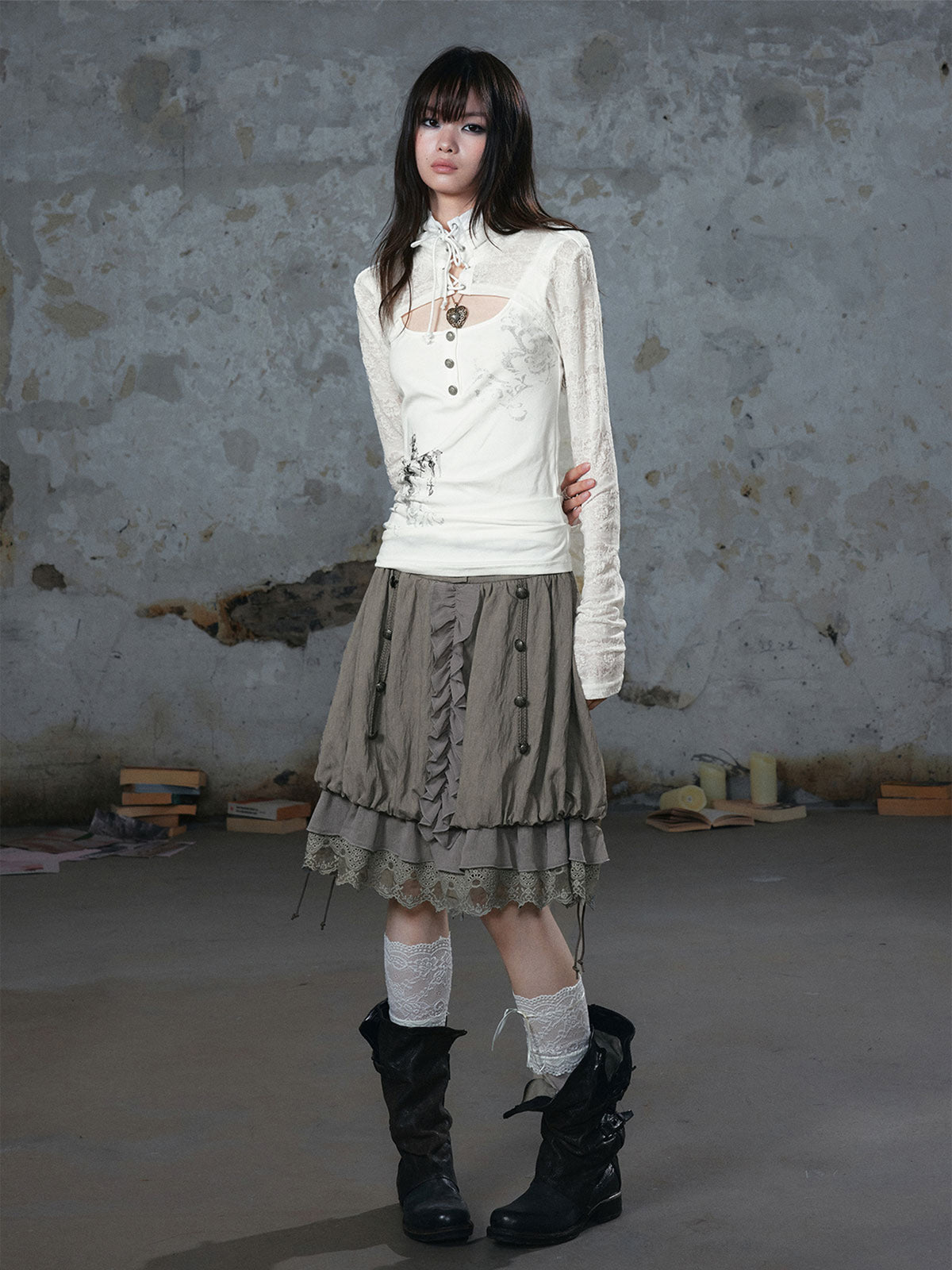 CESTNOUS Chiffon Lace Spliced Drawstring A-Line Skirt