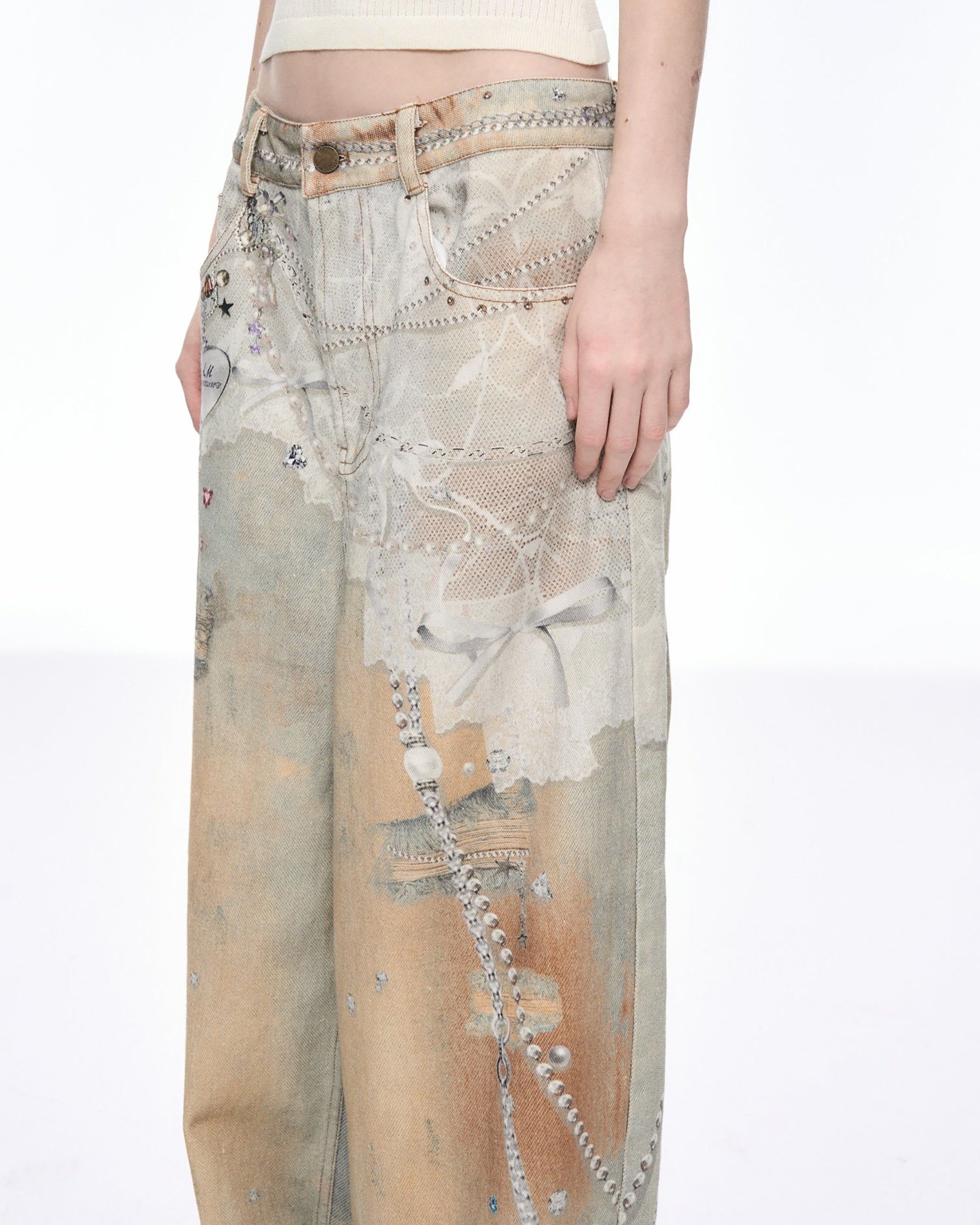 10AMSOTIIIIIIRED Lace Chain Print Studded Wide-Leg Jeans