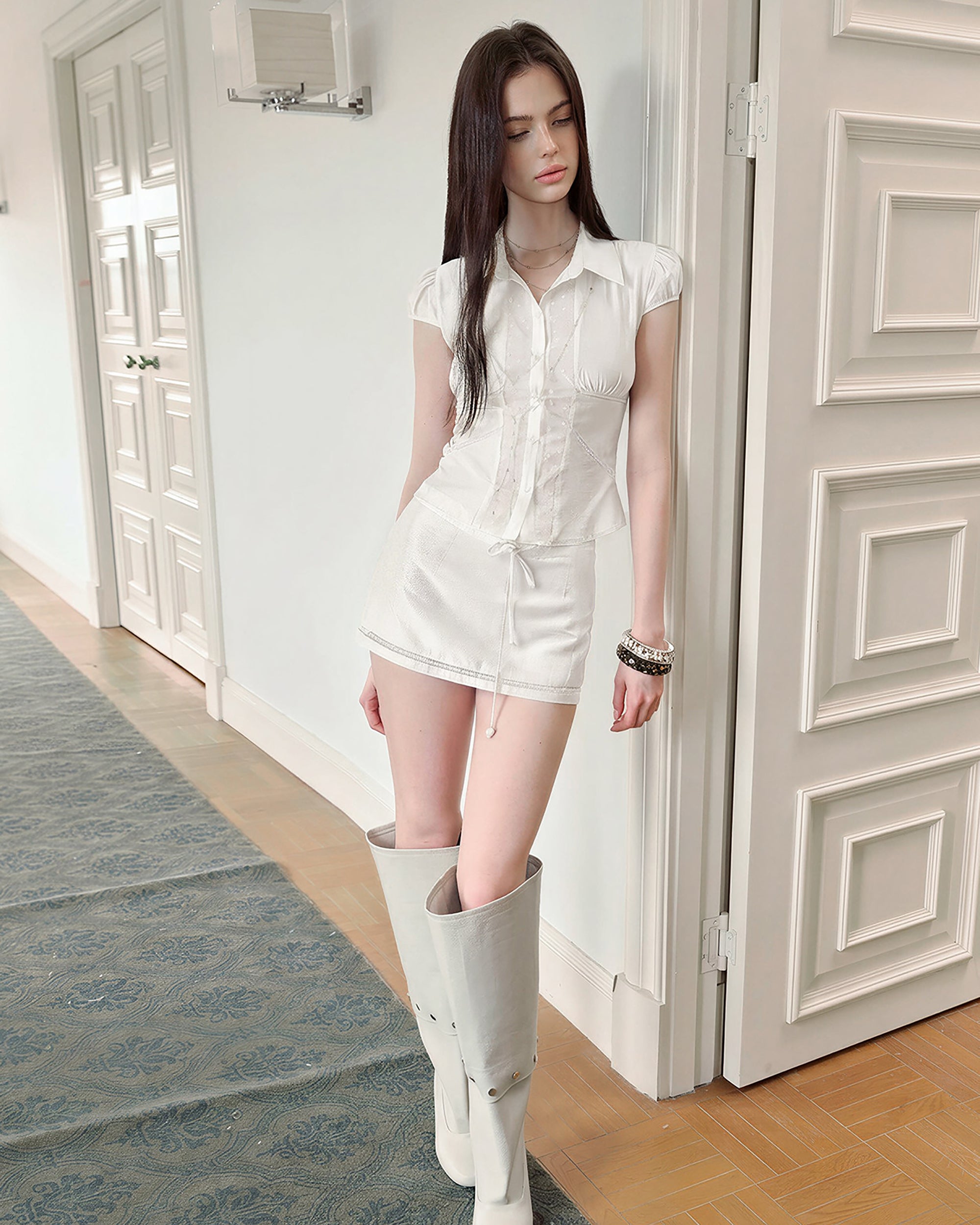 THE NEVERMORE Lace-Spliced Acetate Shirt And Drawstring Mini Skirt Set
