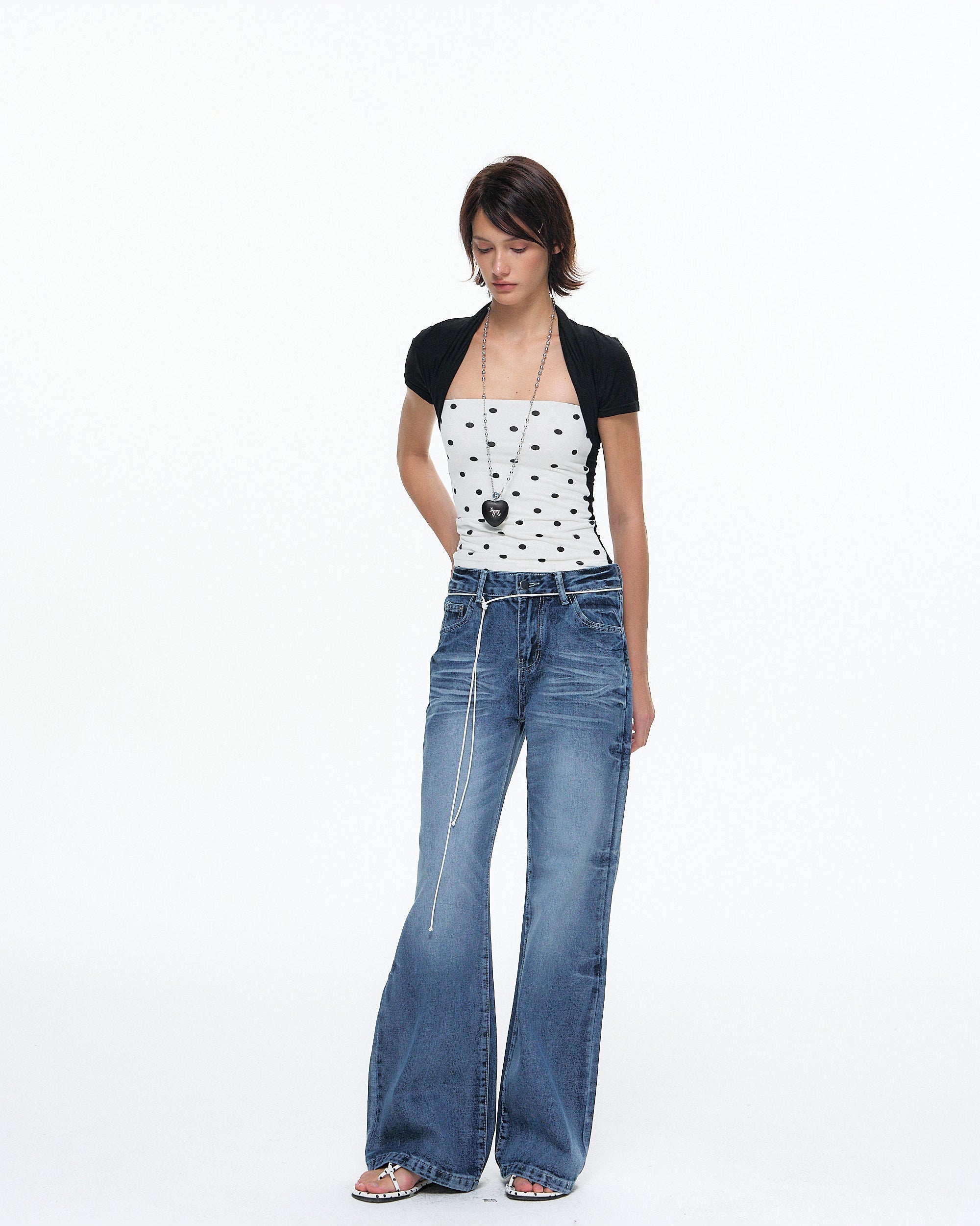 10AMSOTIIIIIIRED Polka Dot Contrast Bolero Top