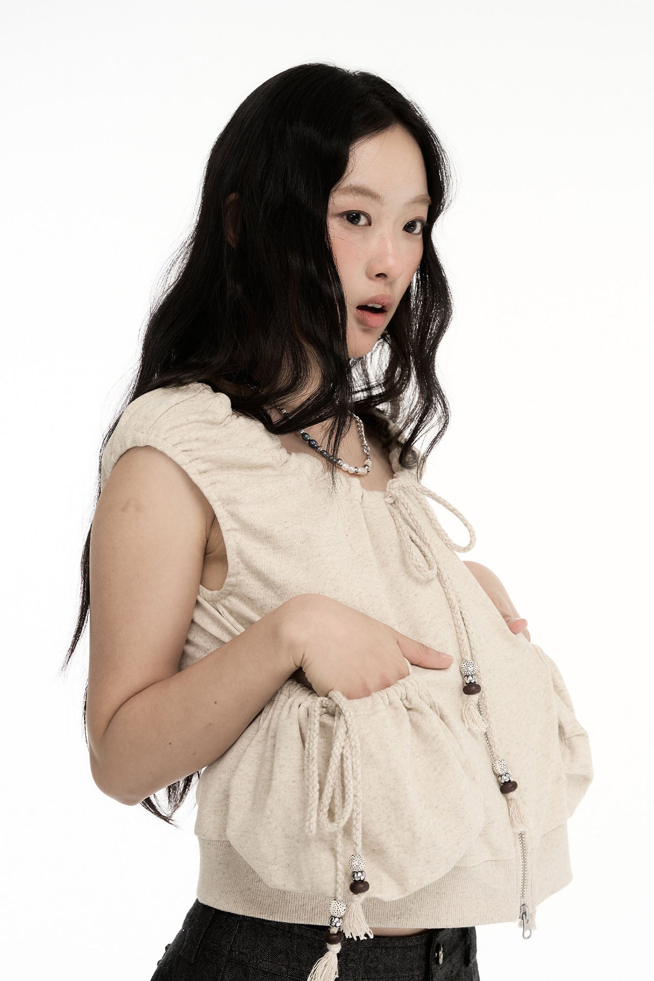 CONFUN Ruched Drawstring Zip-Up Top