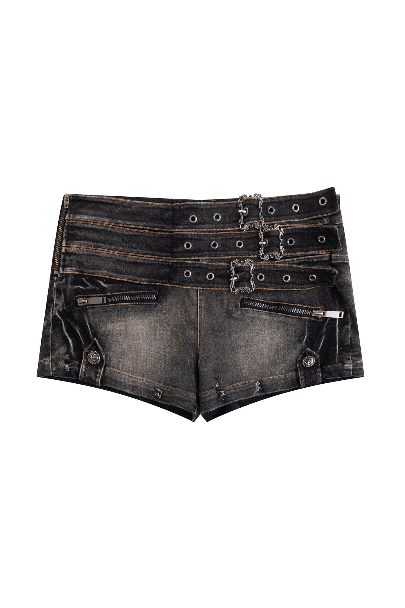 CESTNOUS Triple Belt Washed Denim Shorts