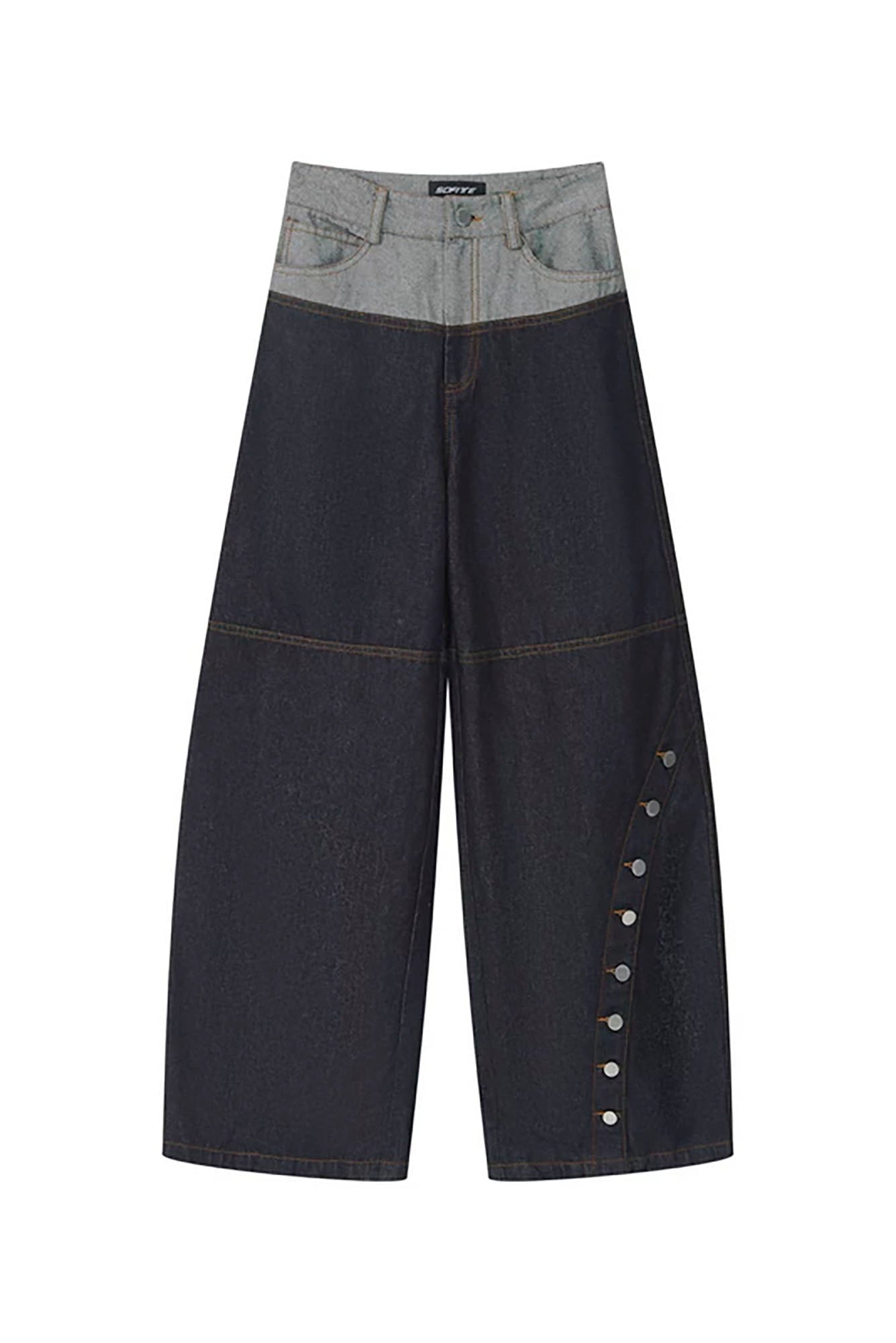 SOFITTE Contrast Waistband Asym Button Seam Raw Jeans