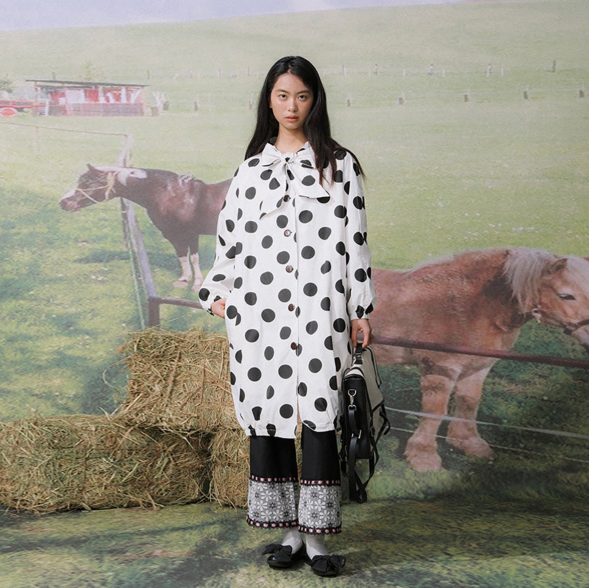 UNSOCIAL NIGHT Retro Polka Dot Bow Oversized Jacket