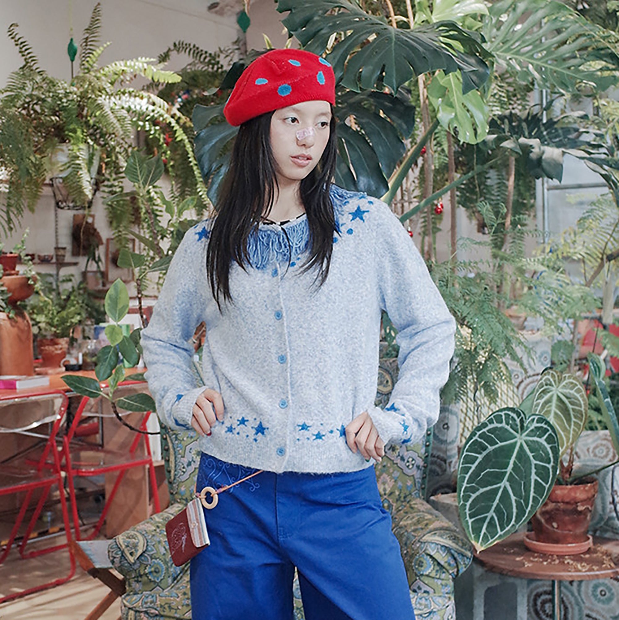 UNSOCIAL NIGHT Fringed Collar Star Jacquard Knit Cardigan