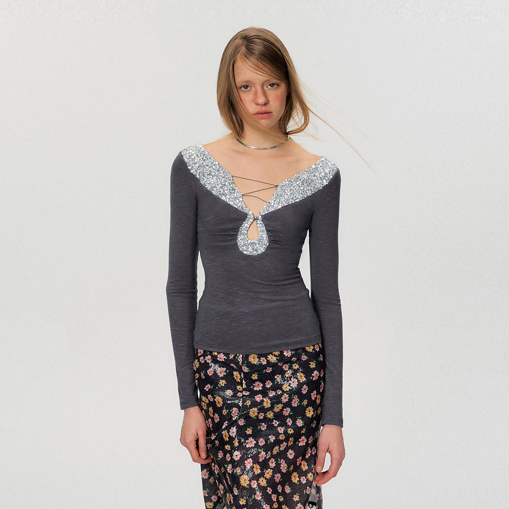 THE NEVERMORE Sequin-Trim Deep V Keyhole Long-Sleeve Top