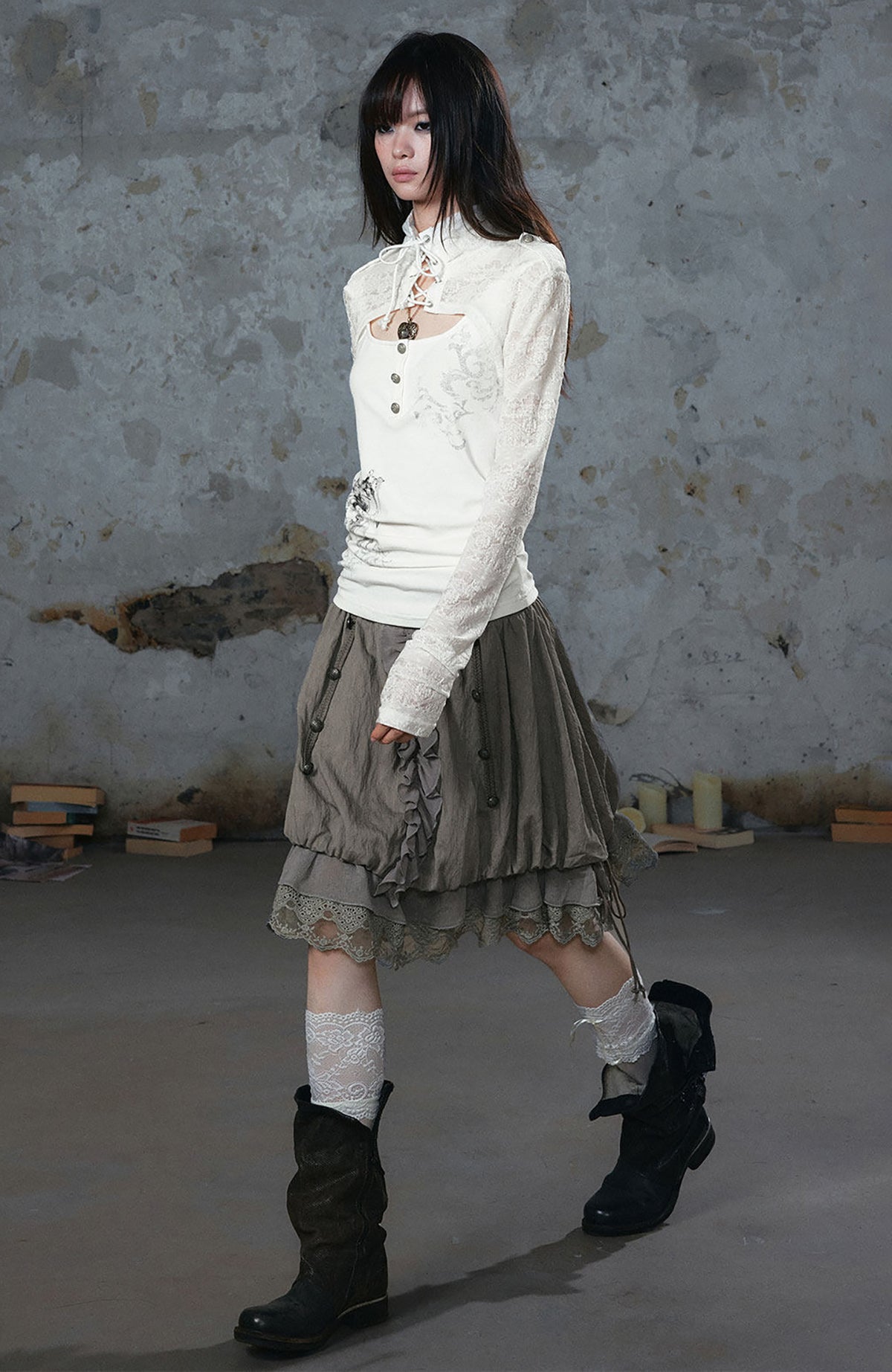 CESTNOUS Chiffon Lace Spliced Drawstring A-Line Skirt