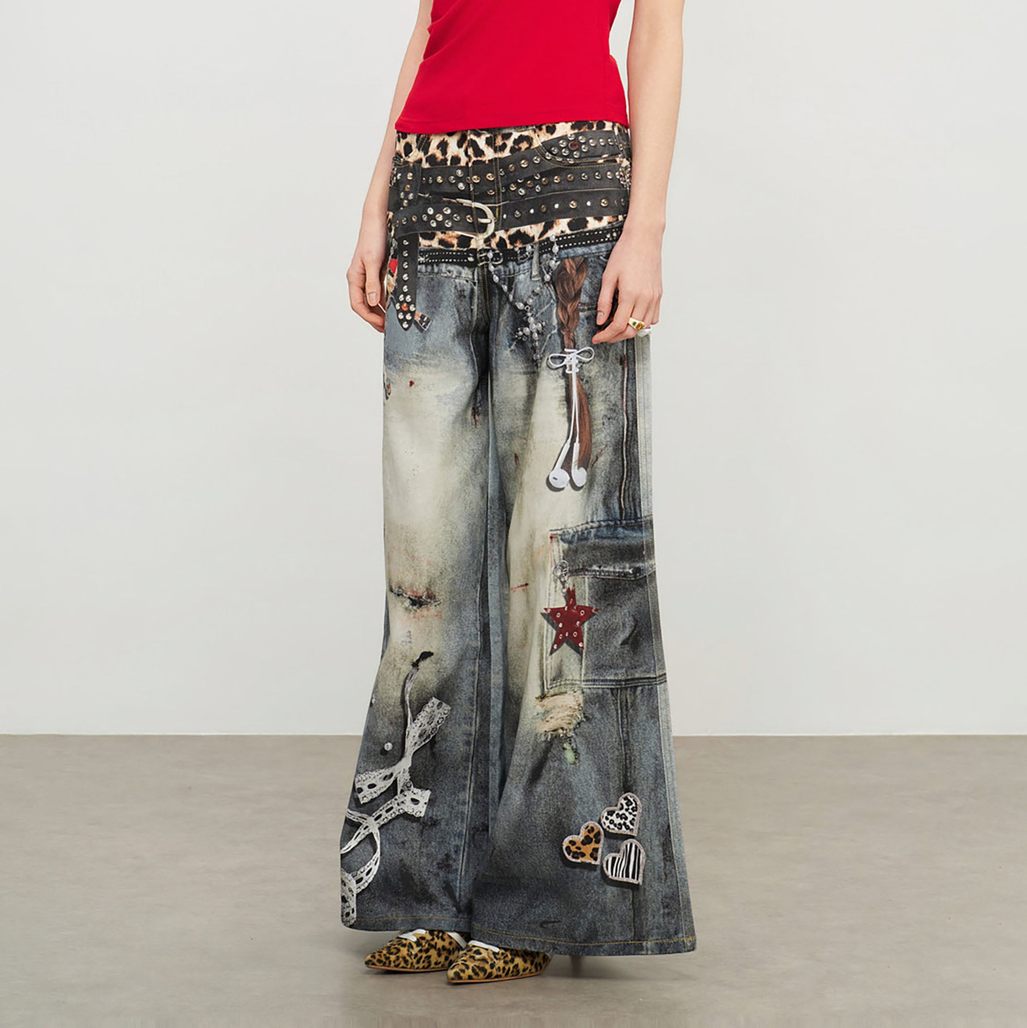 SOFITTE Leopard Waistband Trompe-L’Oeil Oversized Jeans