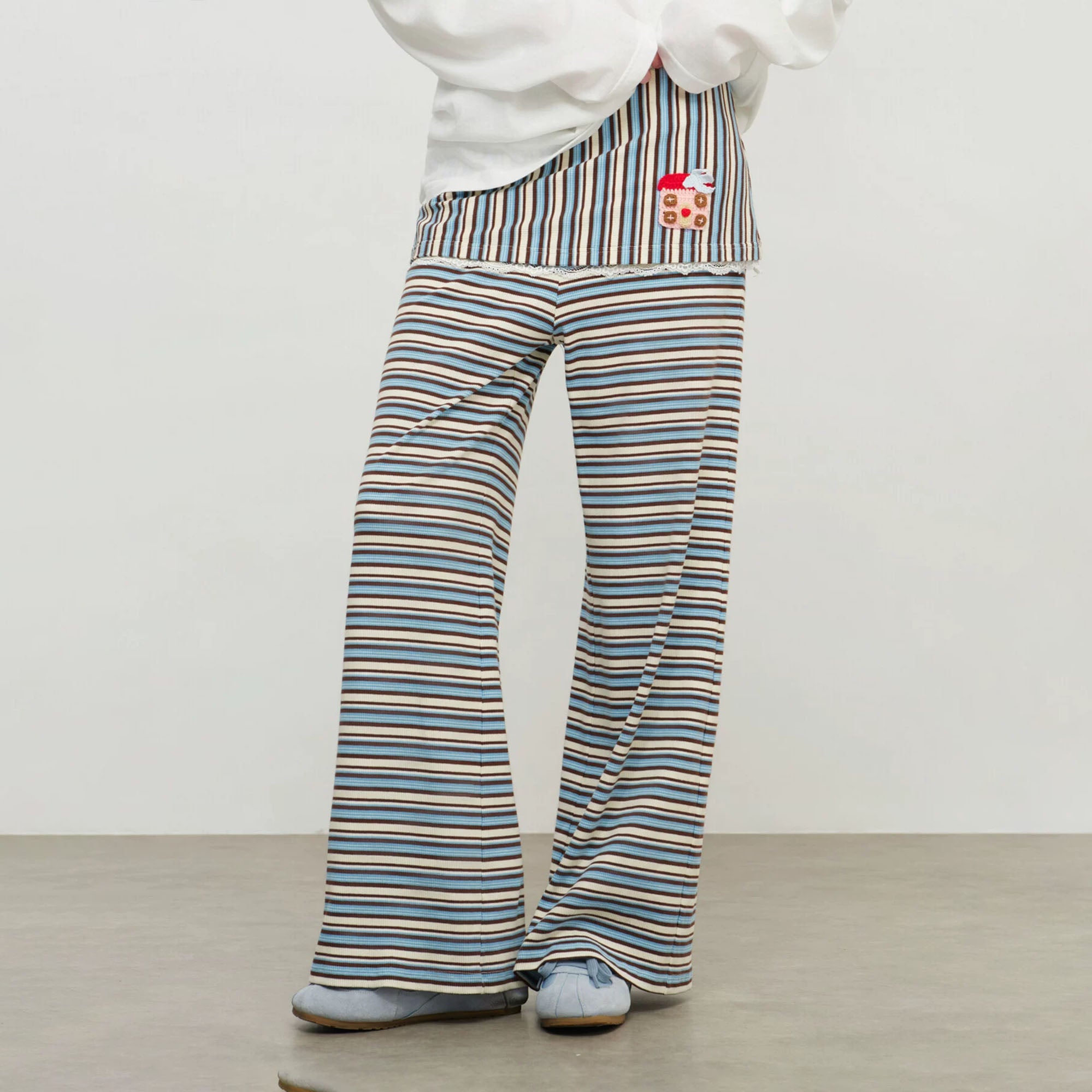 SOFITTE Lace-Hem Layer Striped Wide-Leg Pants