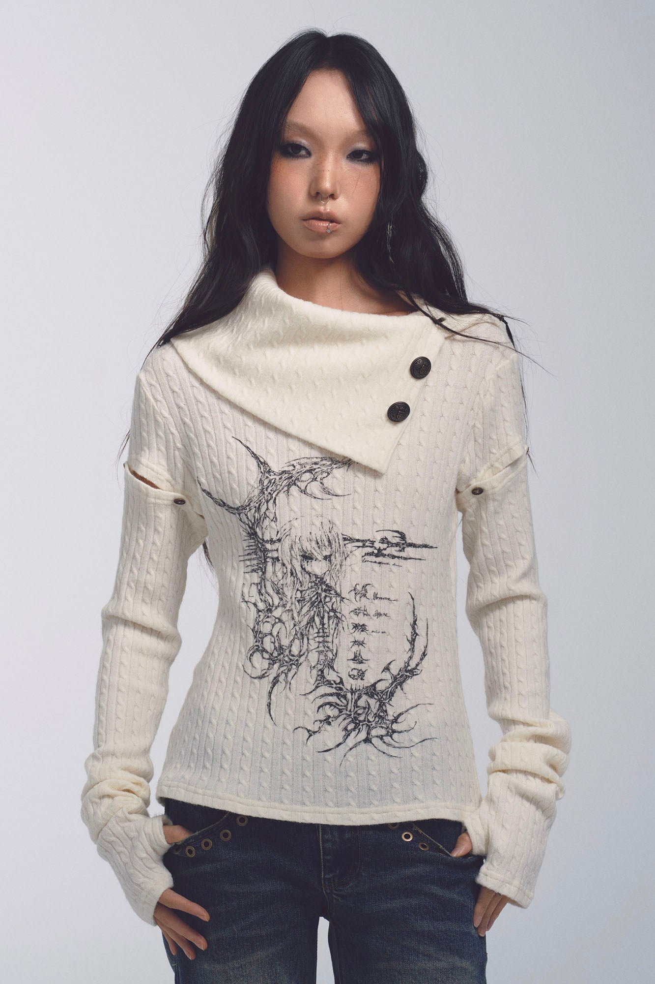 NONAME SPACE Deconstructed Funnel-Neck Cable Knit Sweater