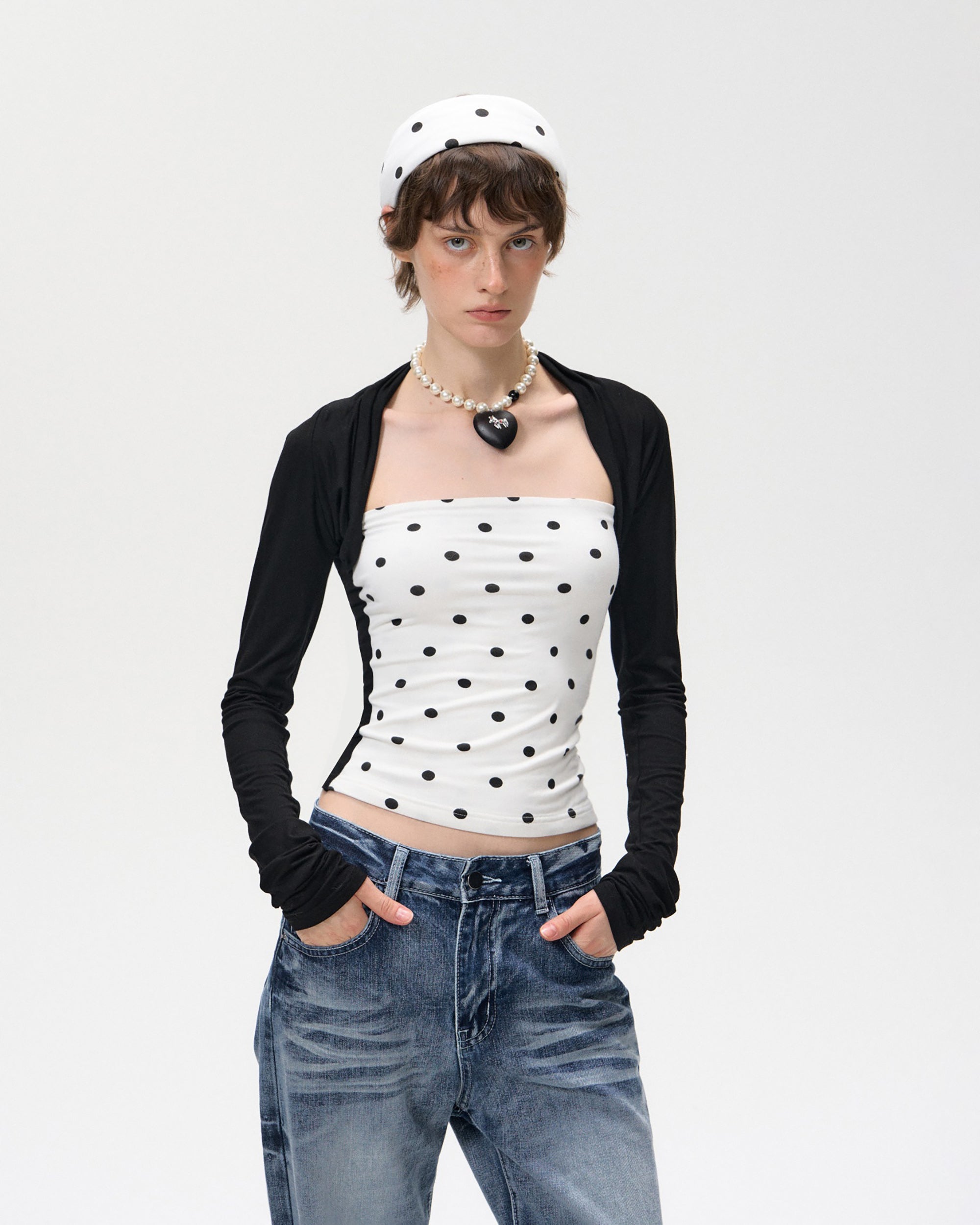 10AMSOTIIIIIIRED Polka Dot Contrast Bolero Top