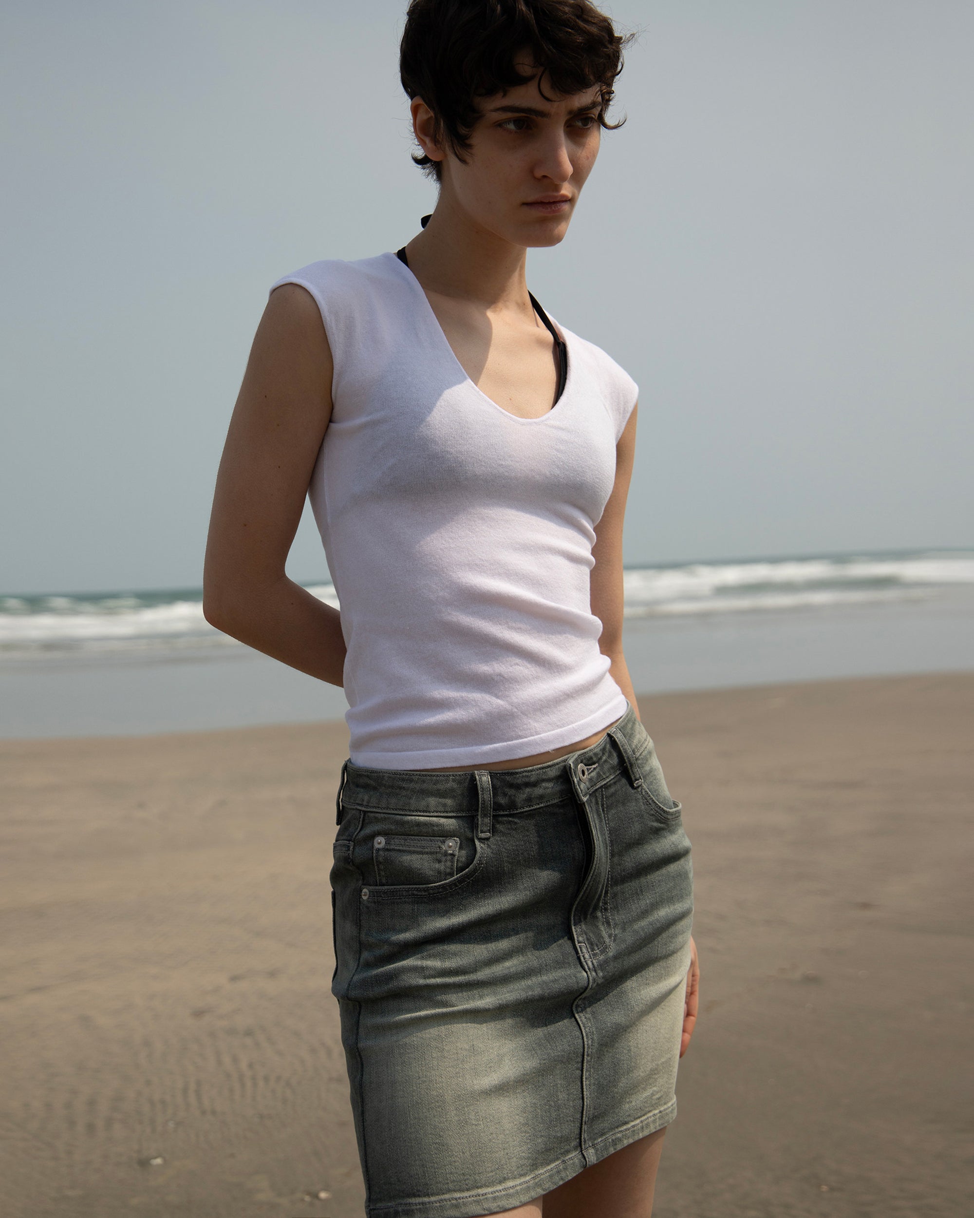 COMMAND N Washed Grey Low-Rise Denim Skirt