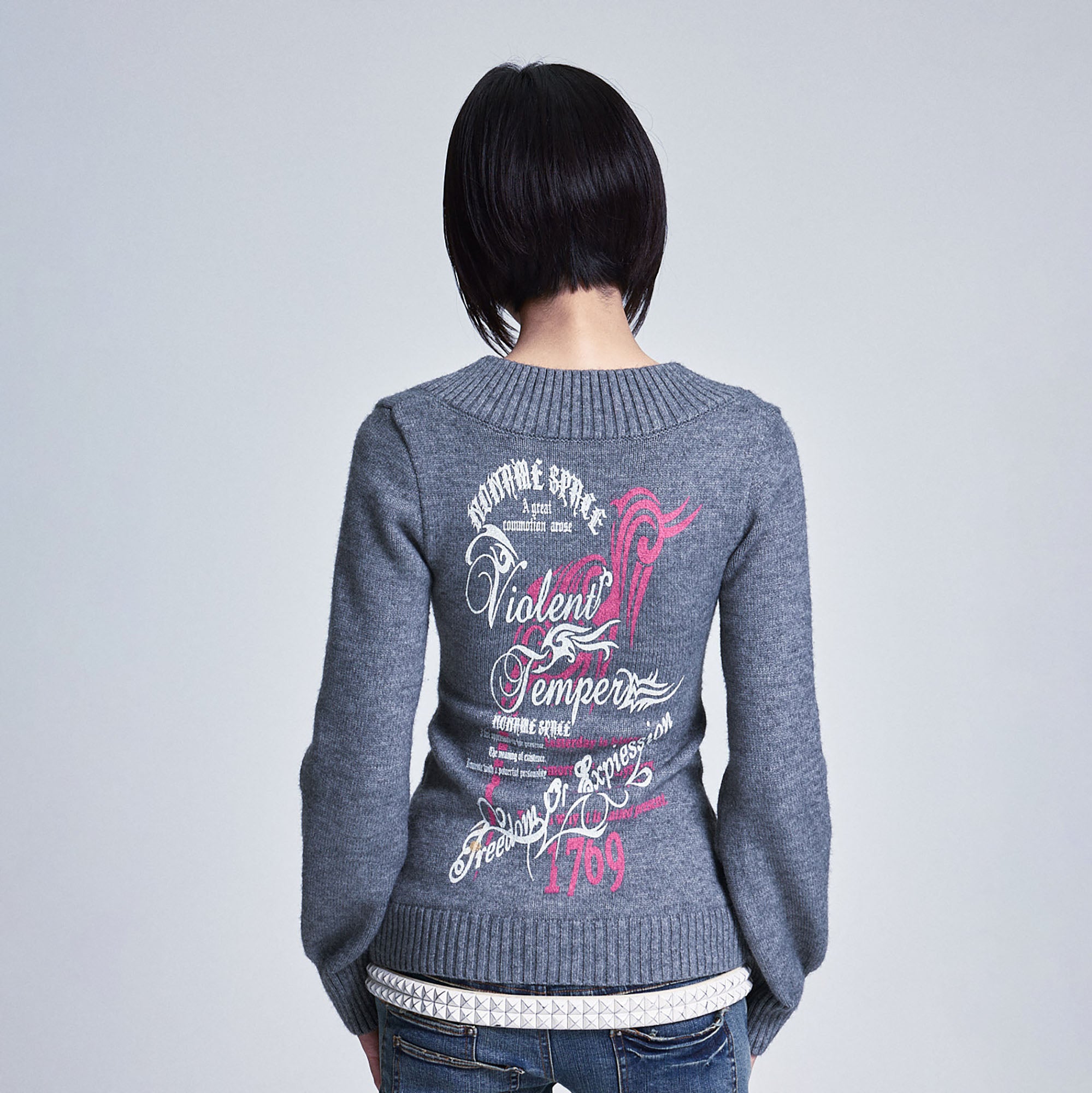 NONAME SPACE Retro Printed V-Neck Bishop Sleeve Sweater