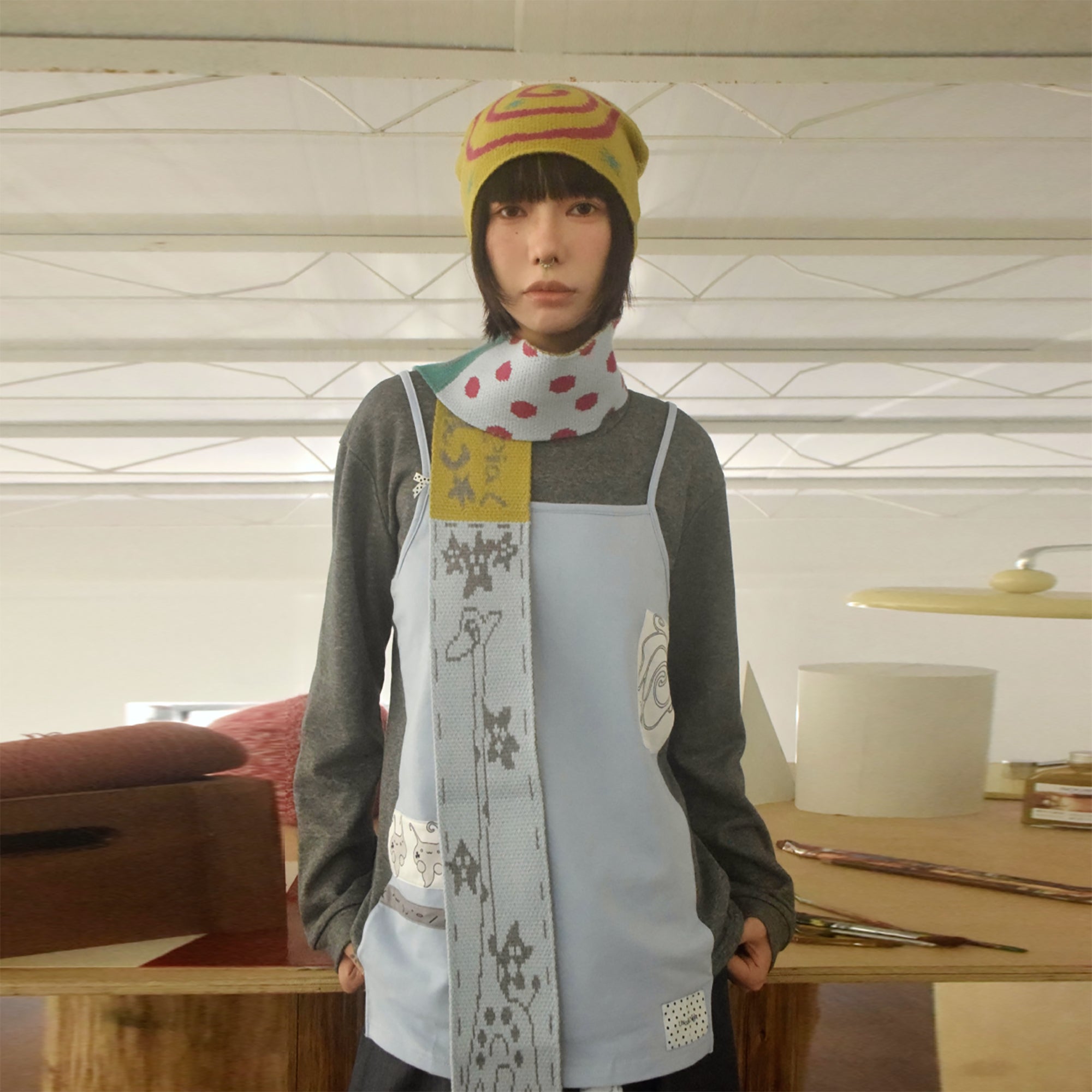 UNSOCIAL NIGHT Giraffe Graphic Polka Dot Scarf & Beanie