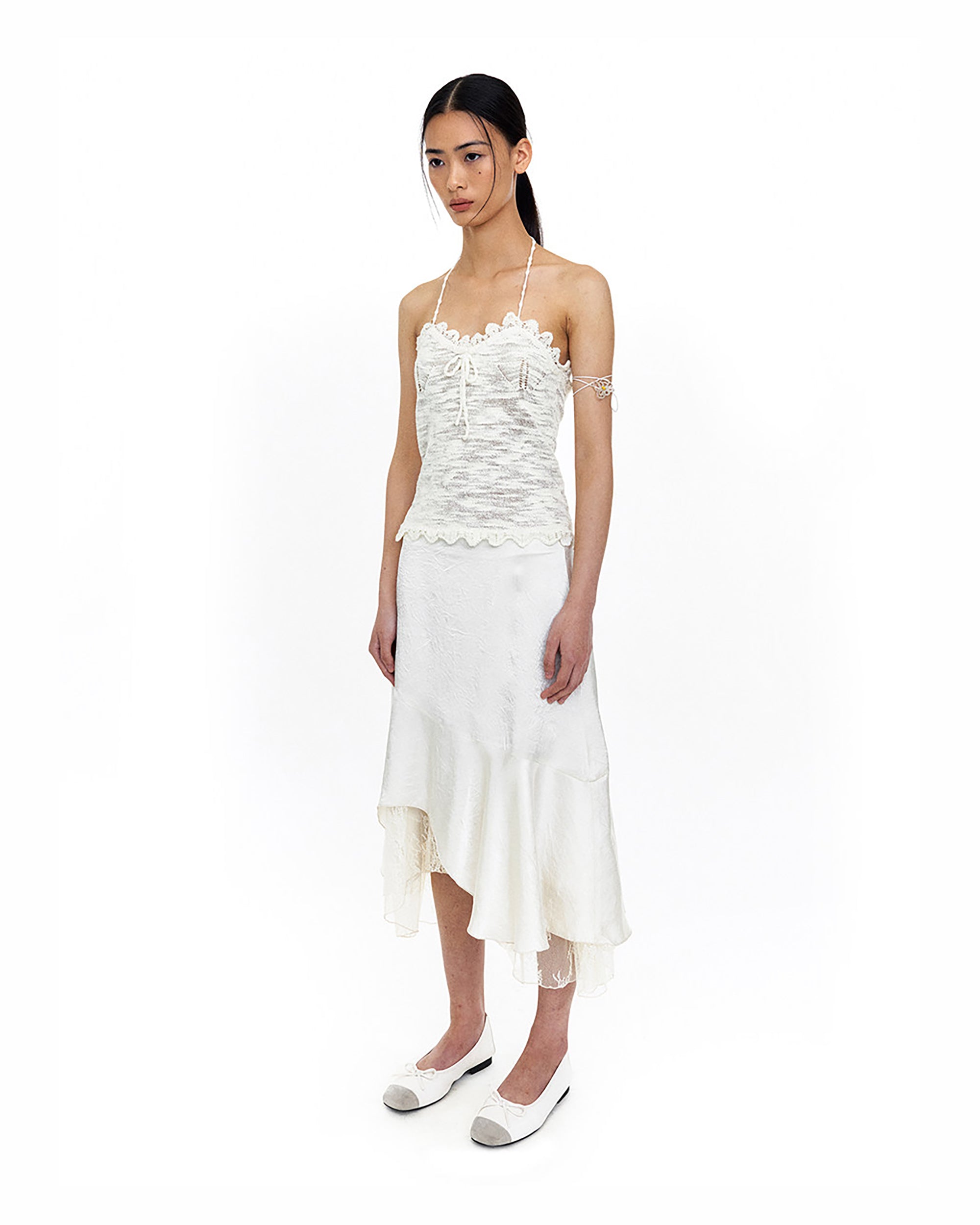 NEVERSEEZ Satin Acetate Lace-Panel Midi Skirt