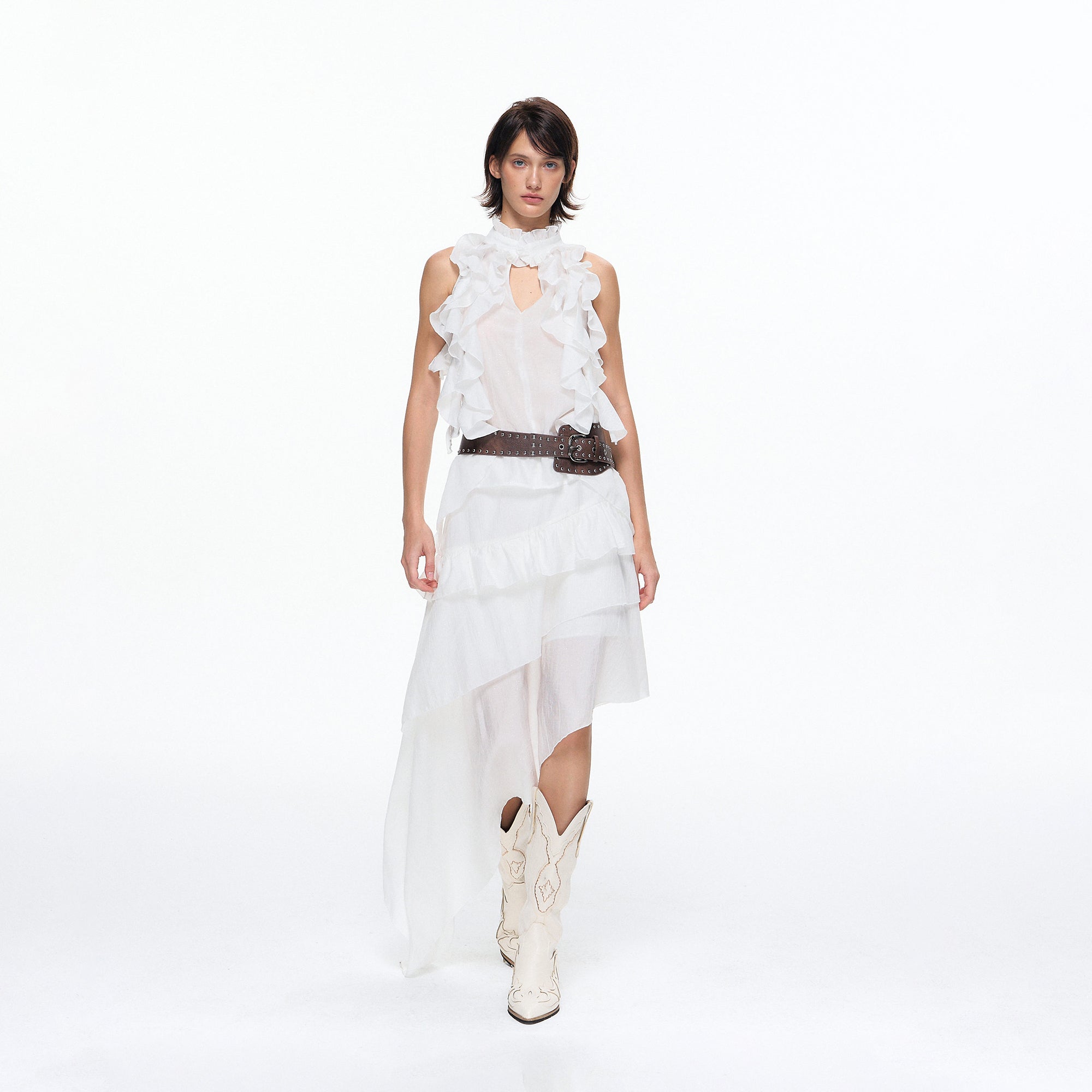10AMSOTIIIIIIRED Tiered Ruffle Sleeveless Top & Asymmetric Skirt Set