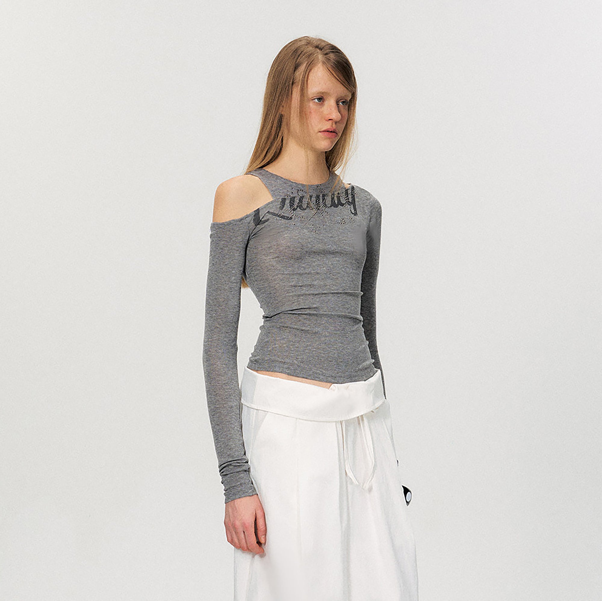 THE NEVERMORE Asym Neck Diamond Sheer Long-Sleeve Tee