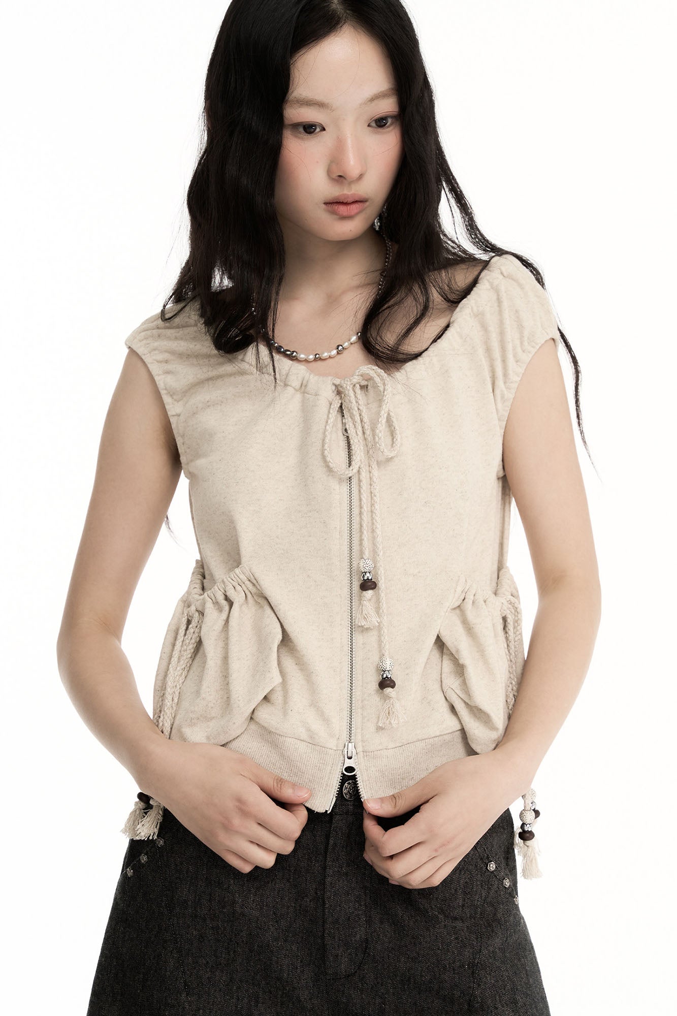 CONFUN Ruched Drawstring Zip-Up Top
