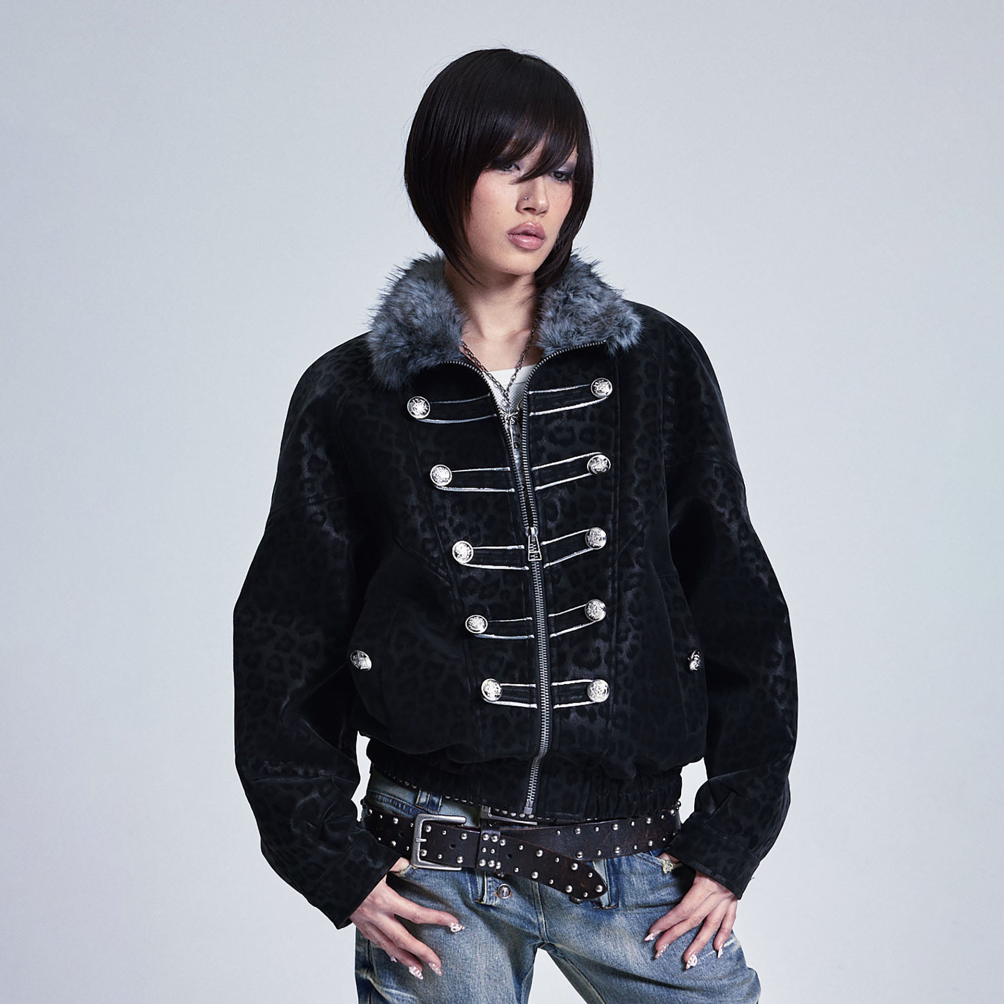 NONAME SPACE Retro Leopard Cross Patch Jacket