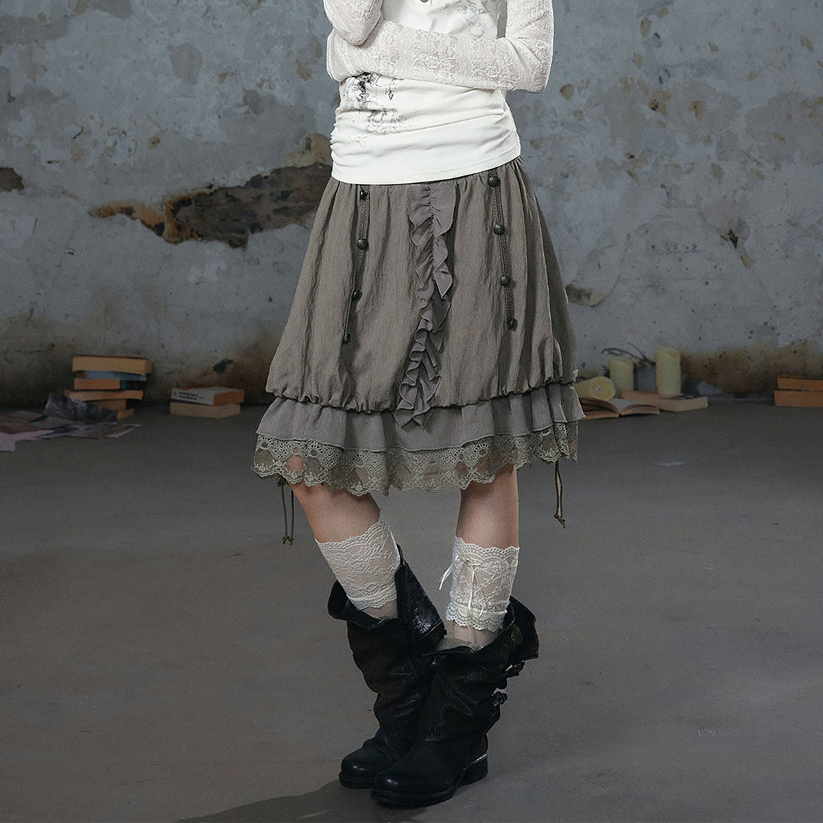 CESTNOUS Chiffon Lace Spliced Drawstring A-Line Skirt