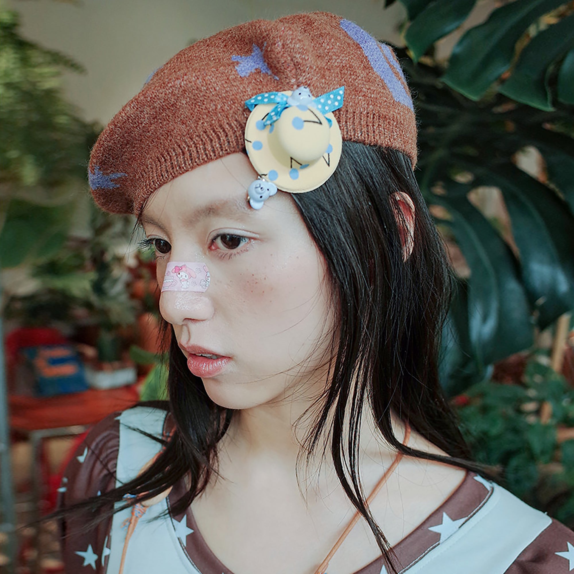 UNSOCIAL NIGHT Reversible Graphic Polka-Dot Knit Scarf & Beret