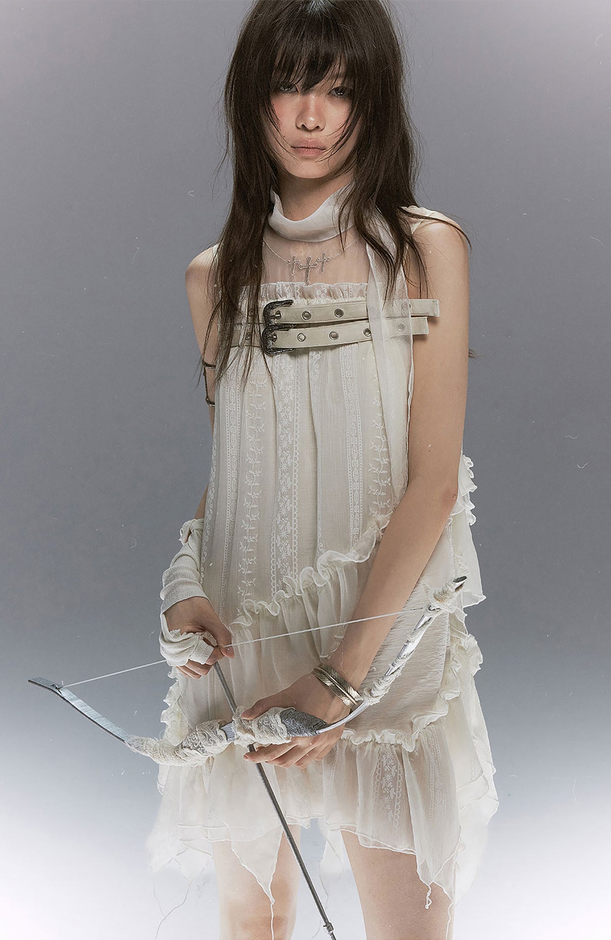 CESTNOUS Lace-Armored Cross Embroidered Layered Mesh Slip Dress