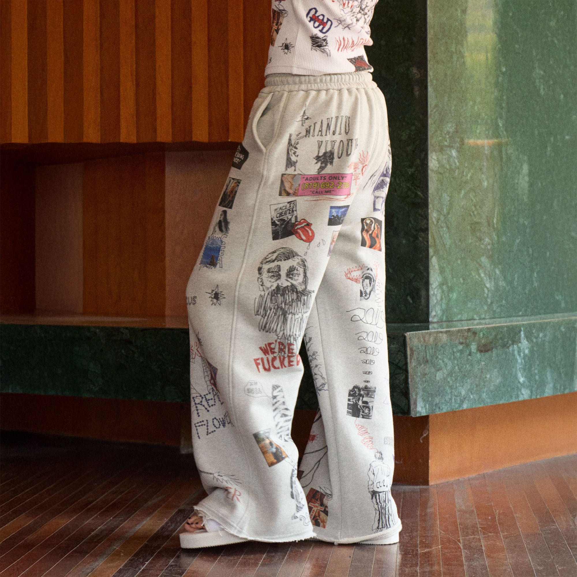 NIANJIUYIKOUER Collage Sketch Graphic Cotton Sweatpants