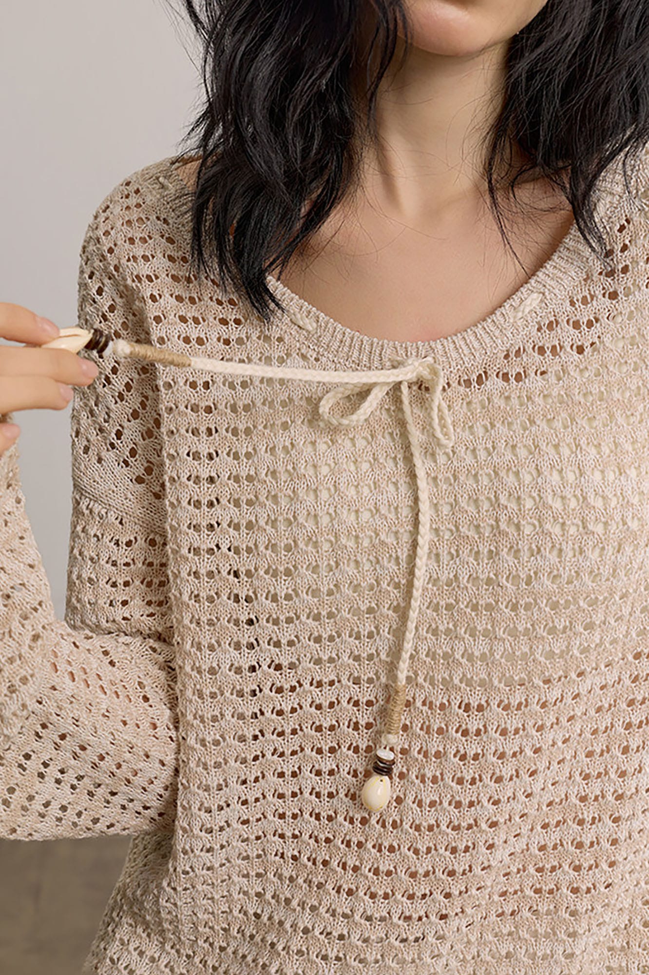 SAME FLOW Open-Knit Drawstring Oversized Sweater