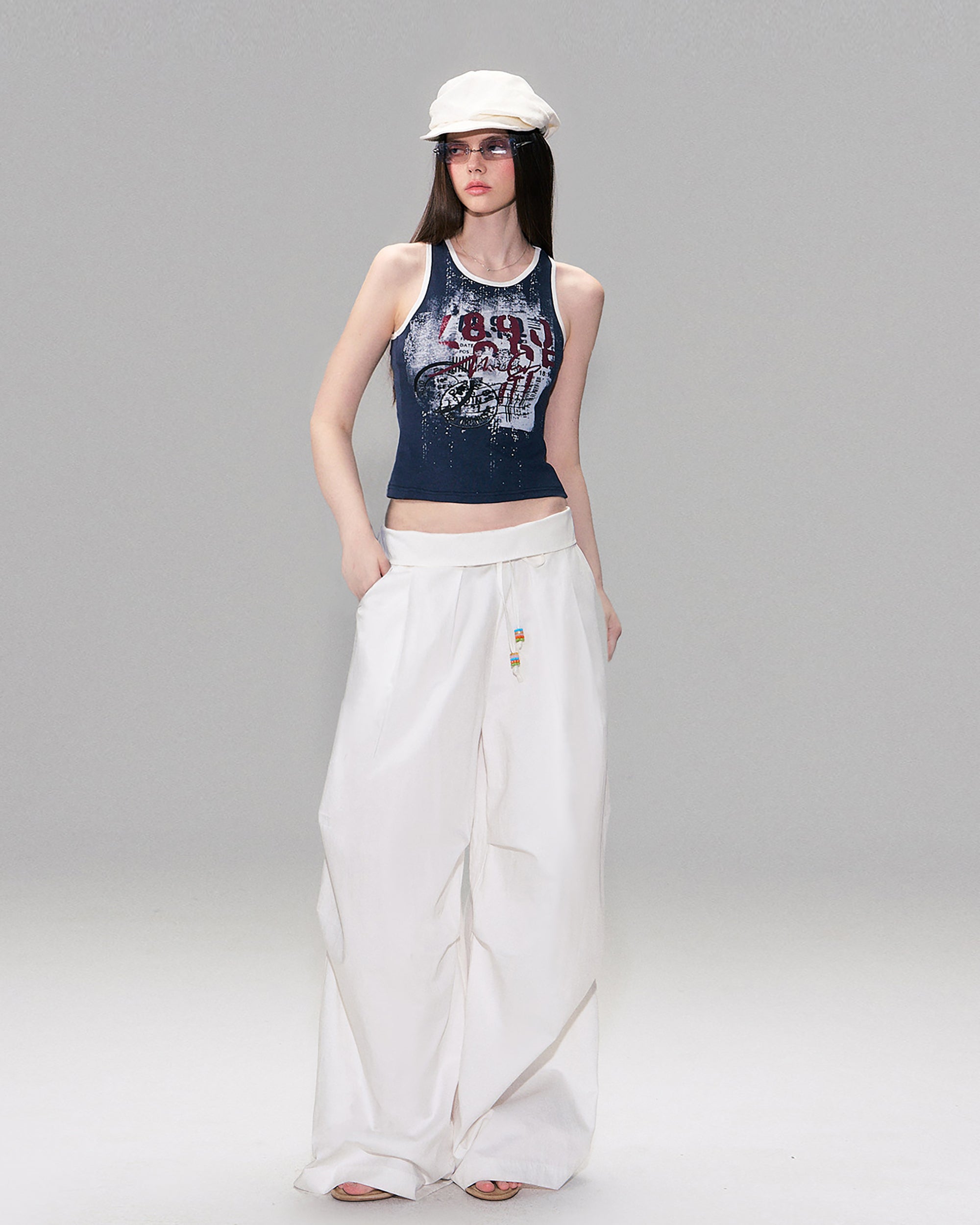 THE NEVERMORE Folded Waist Beaded Drawstring Wide-Leg Pants