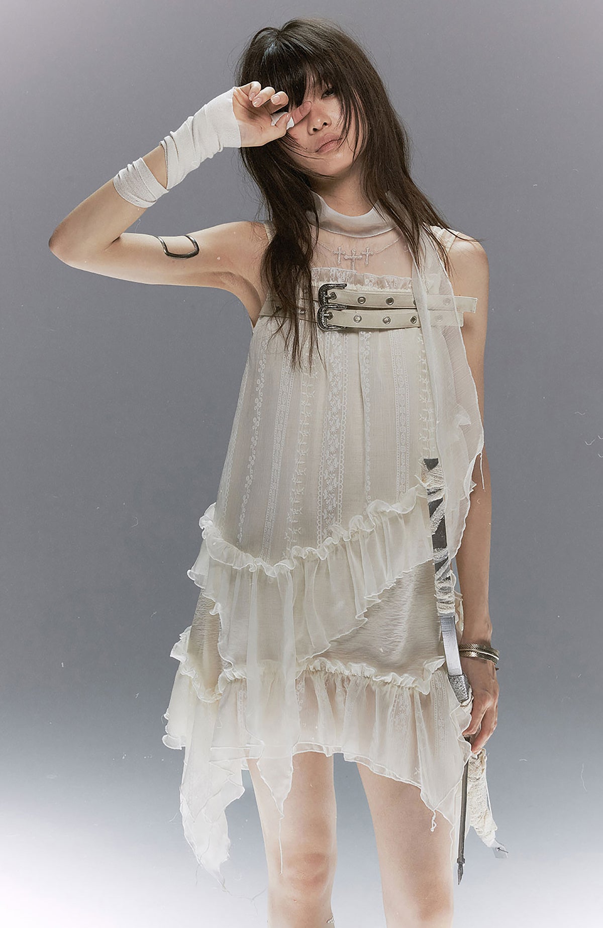 CESTNOUS Lace-Armored Cross Embroidered Layered Mesh Slip Dress