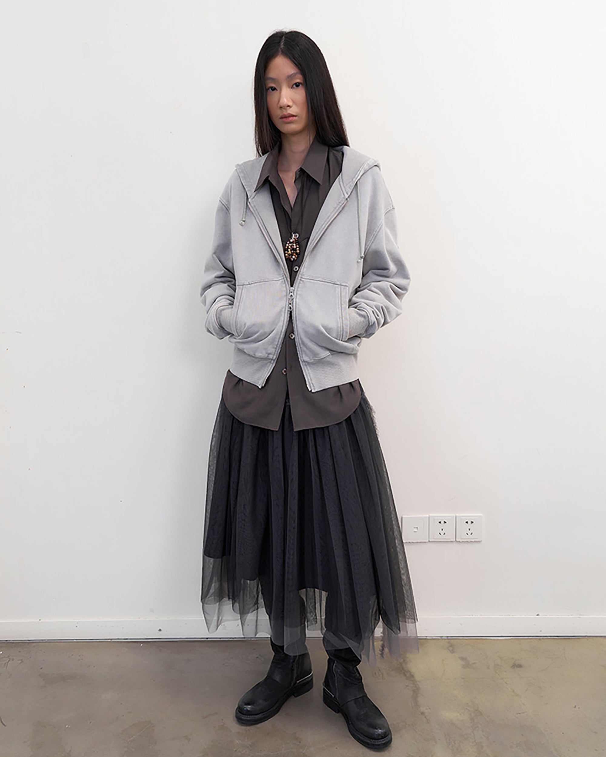 NEVERSEEZ Layered Sheer Mesh Pleated Midi Skirt