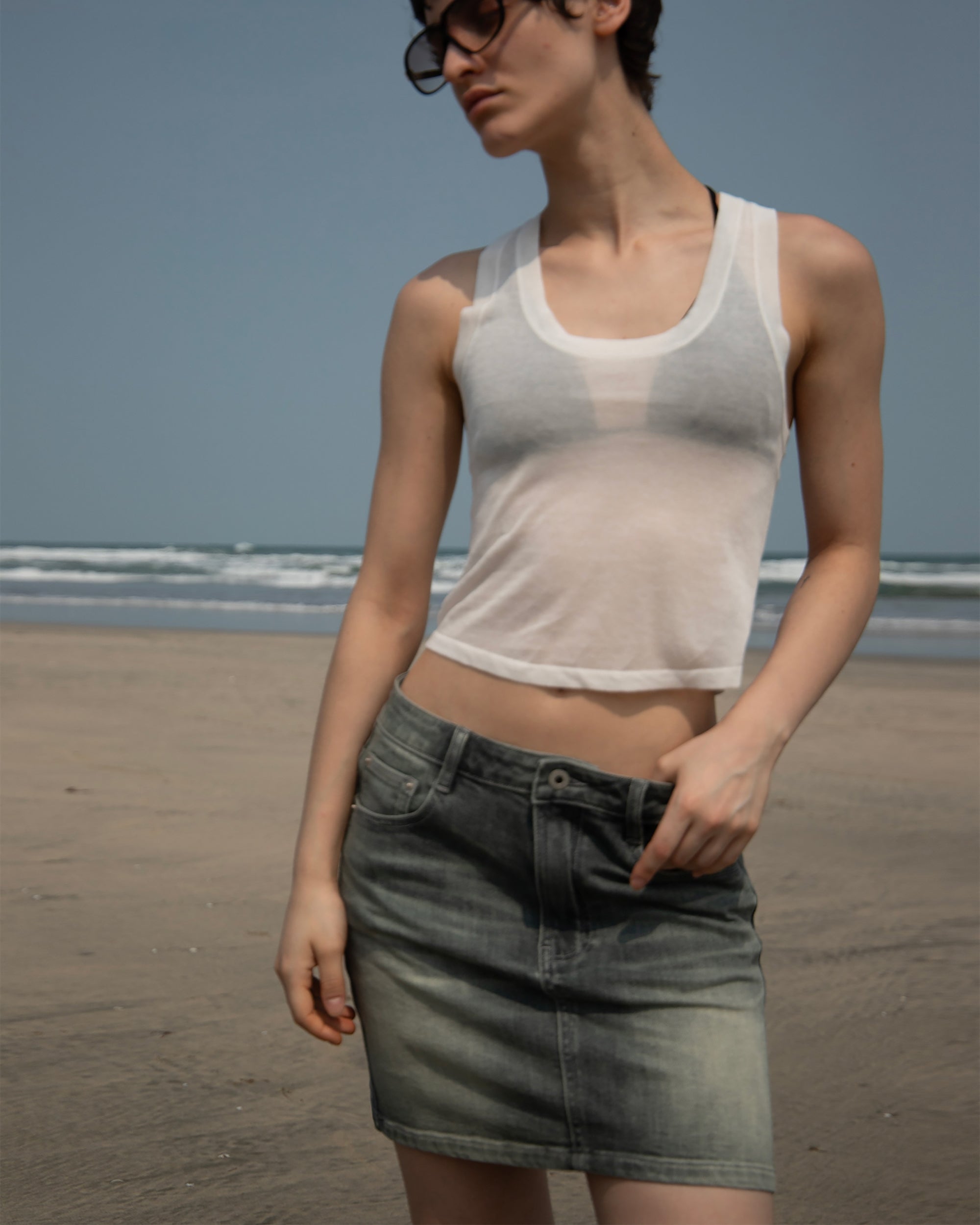 COMMAND N Washed Grey Low-Rise Denim Skirt