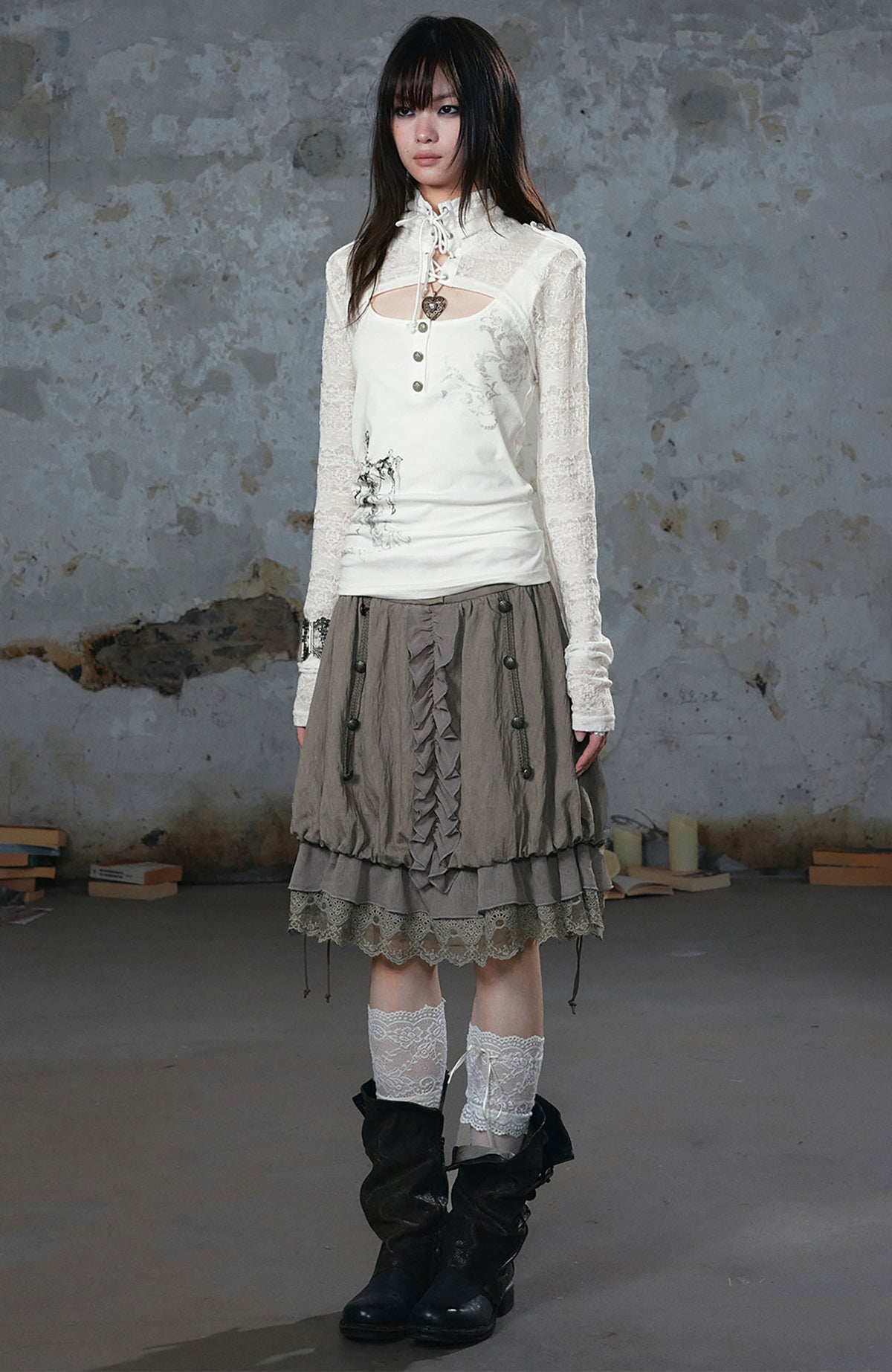 CESTNOUS Chiffon Lace Spliced Drawstring A-Line Skirt