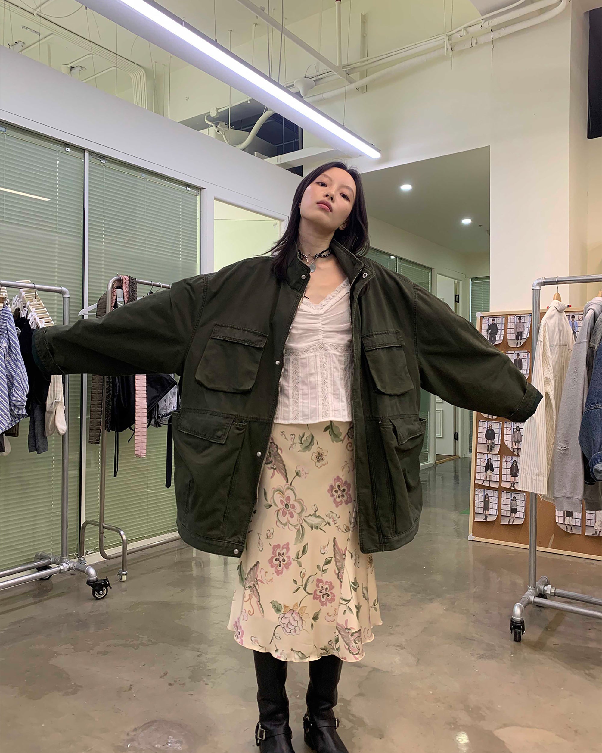 NEVERSEEZ Retro Wavy Hem Floral Skirt