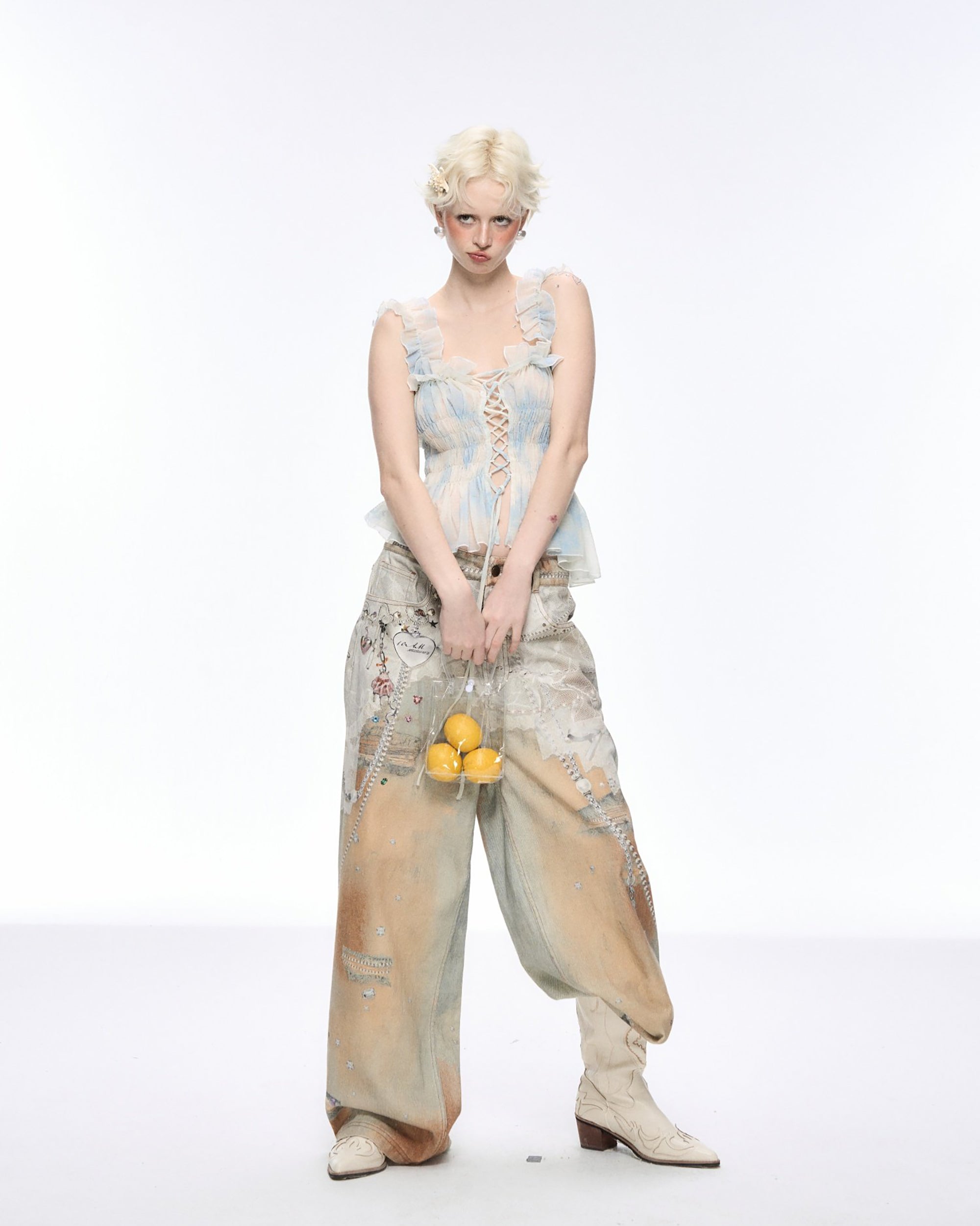 10AMSOTIIIIIIRED Lace Chain Print Studded Wide-Leg Jeans