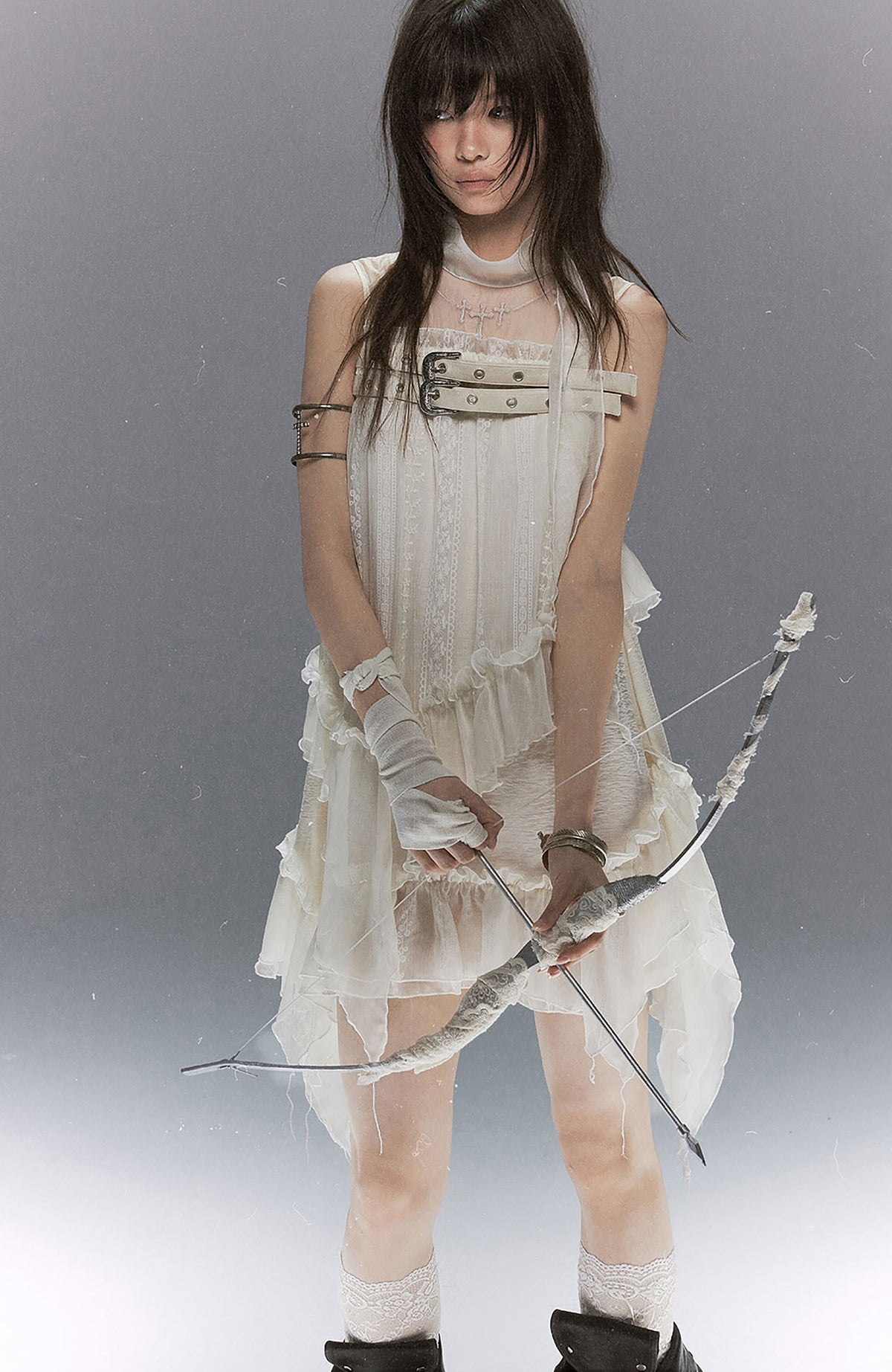 CESTNOUS Lace-Armored Cross Embroidered Layered Mesh Slip Dress