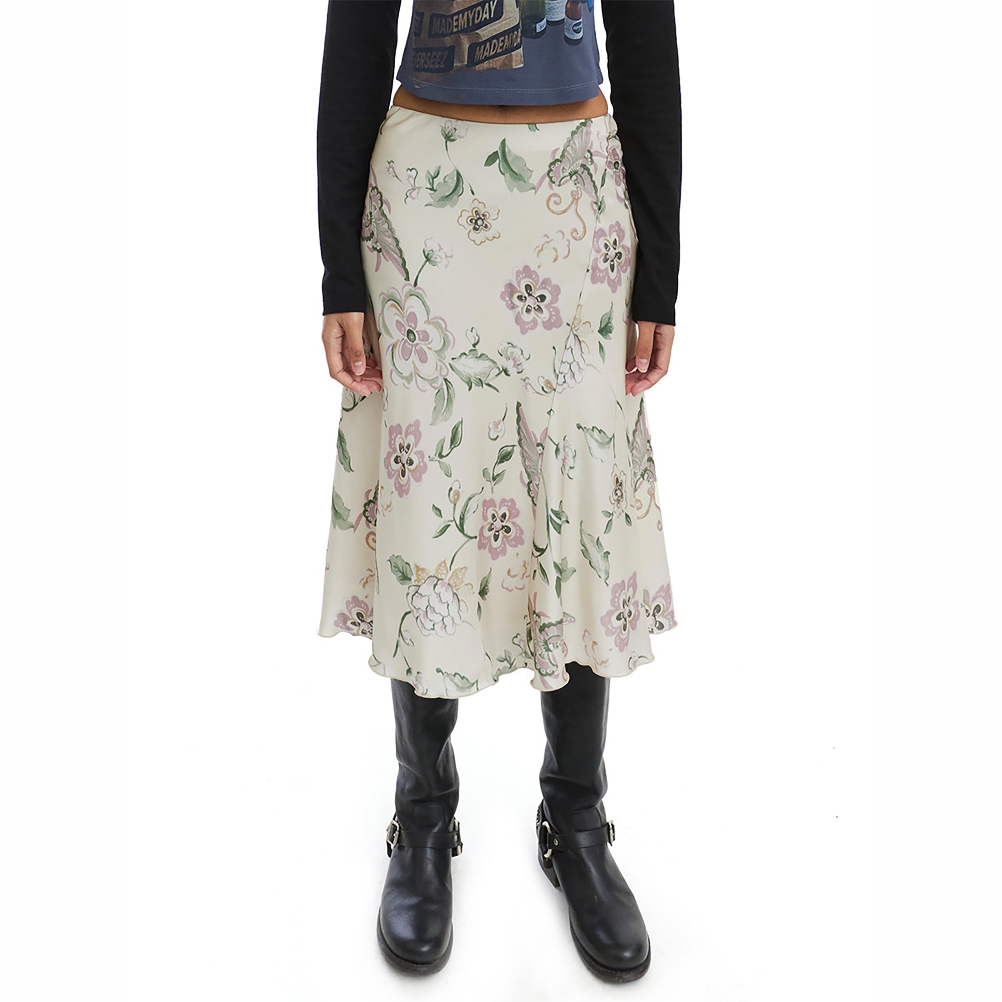 NEVERSEEZ Retro Wavy Hem Floral Skirt