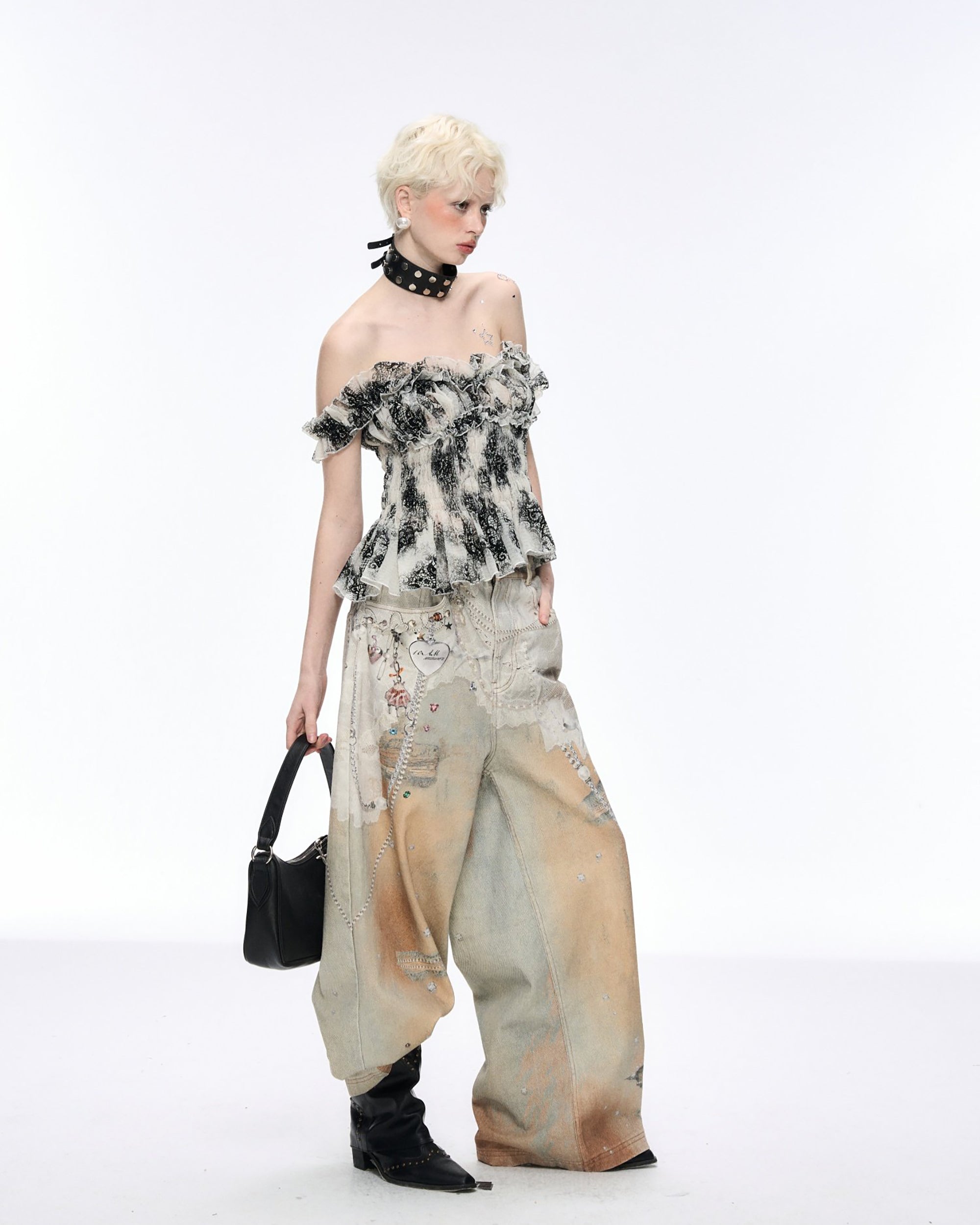 10AMSOTIIIIIIRED Lace Chain Print Studded Wide-Leg Jeans