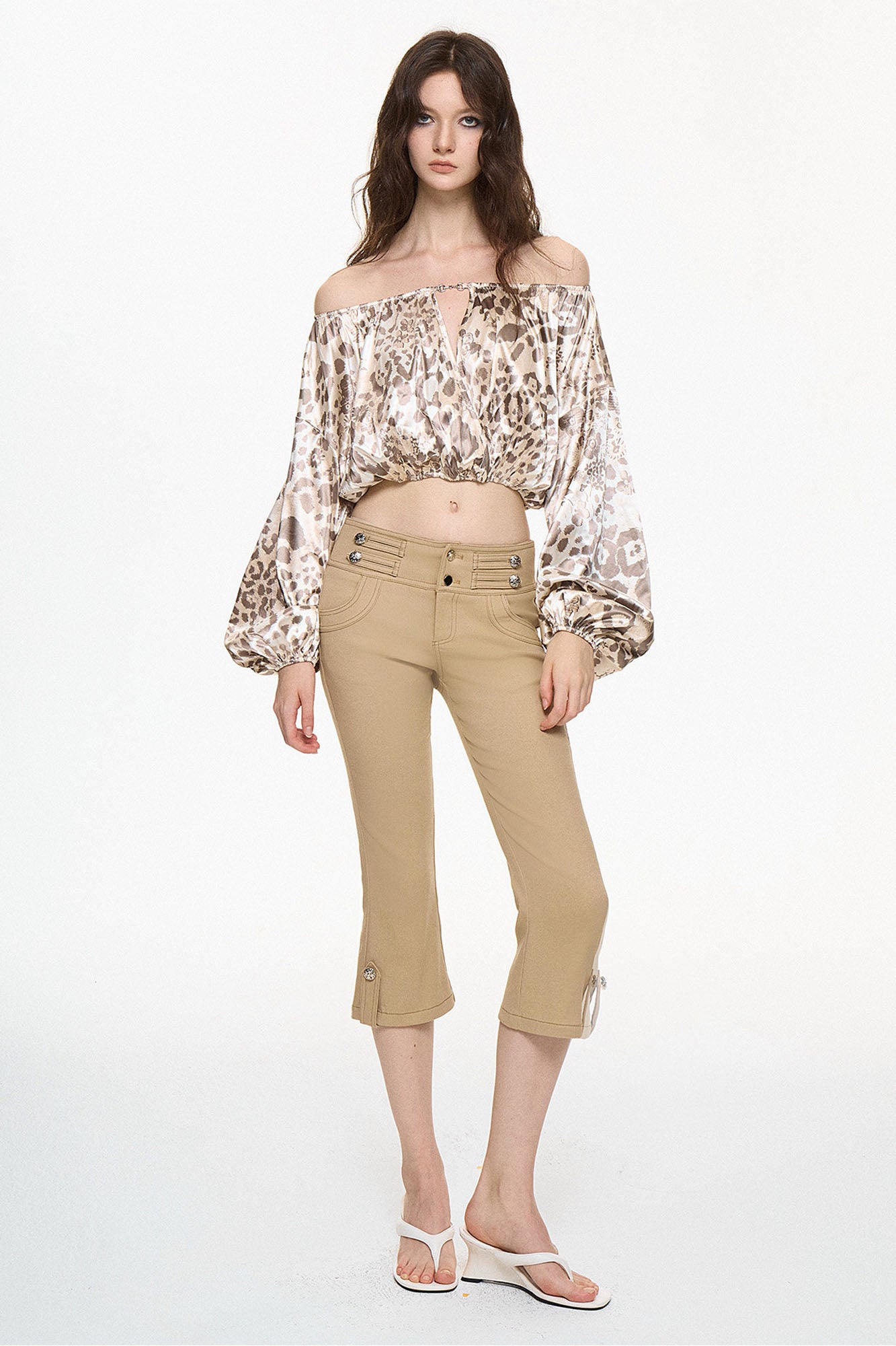AE30 SAINT Leopard-Print Off-Shoulder Puff Sleeve Shirt