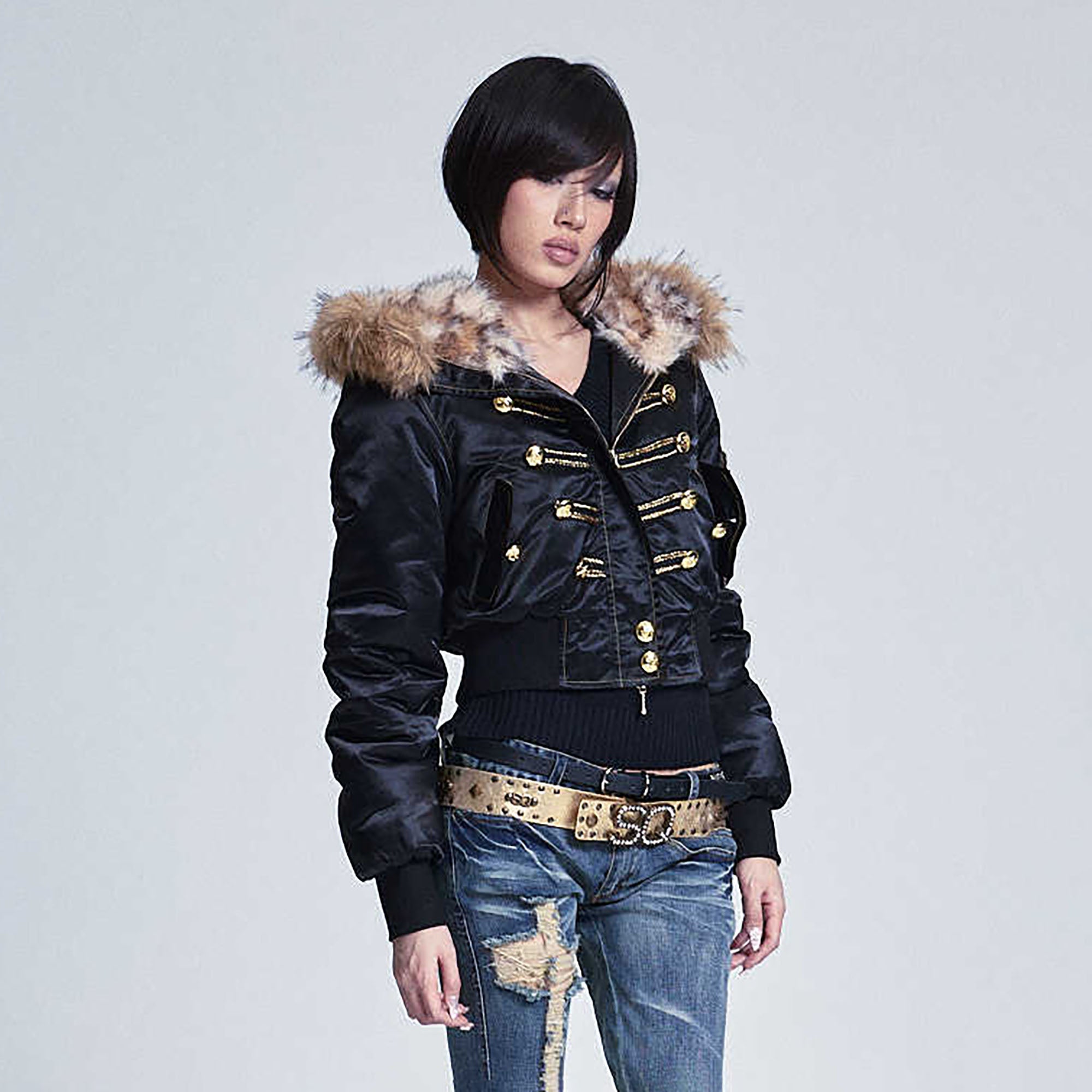 NONAME SPACE Retro Gold-Button Fur-Trim Bomber Jacket
