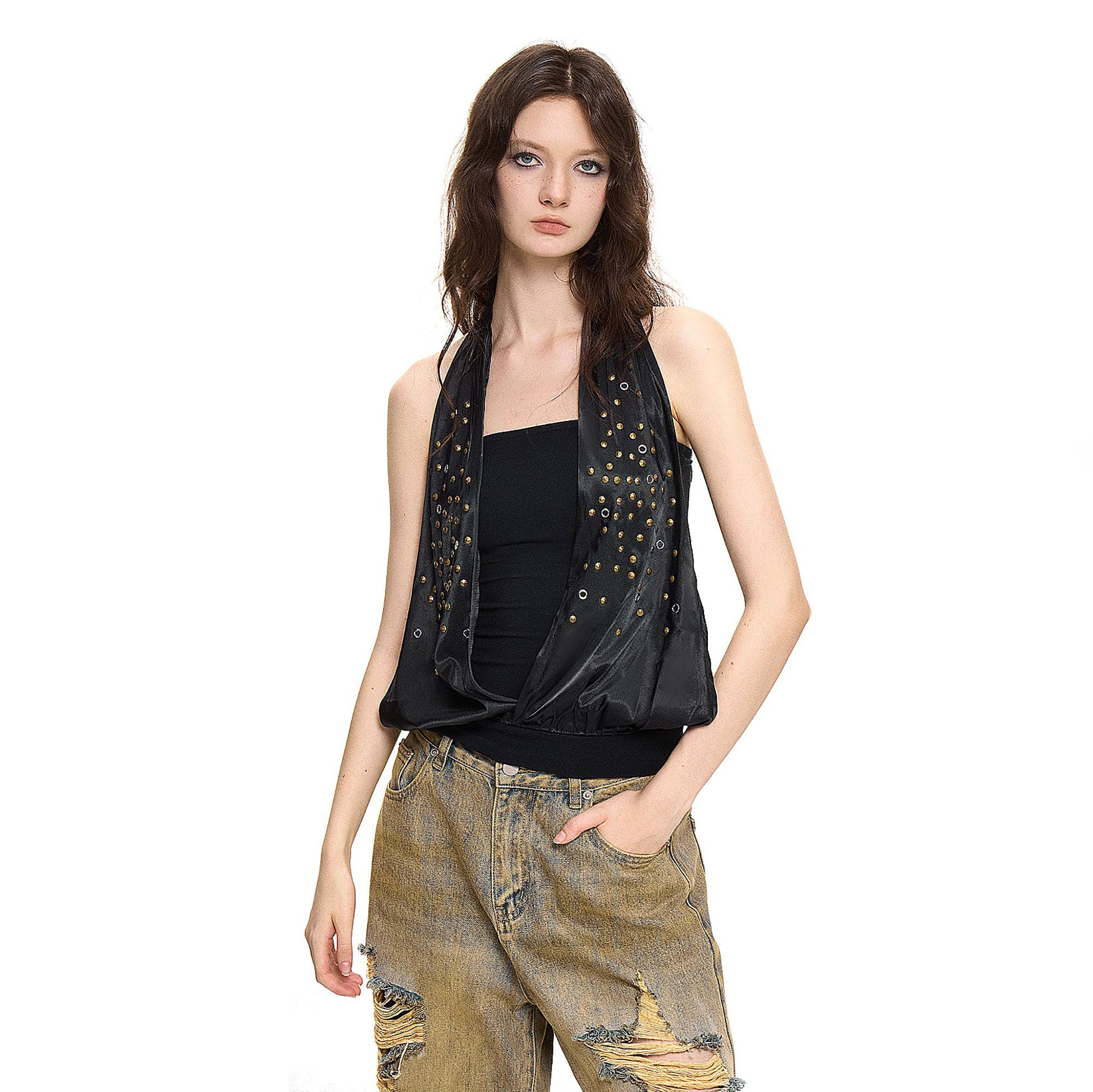 AE30 SAINT Studded Spliced Halter Tank Top