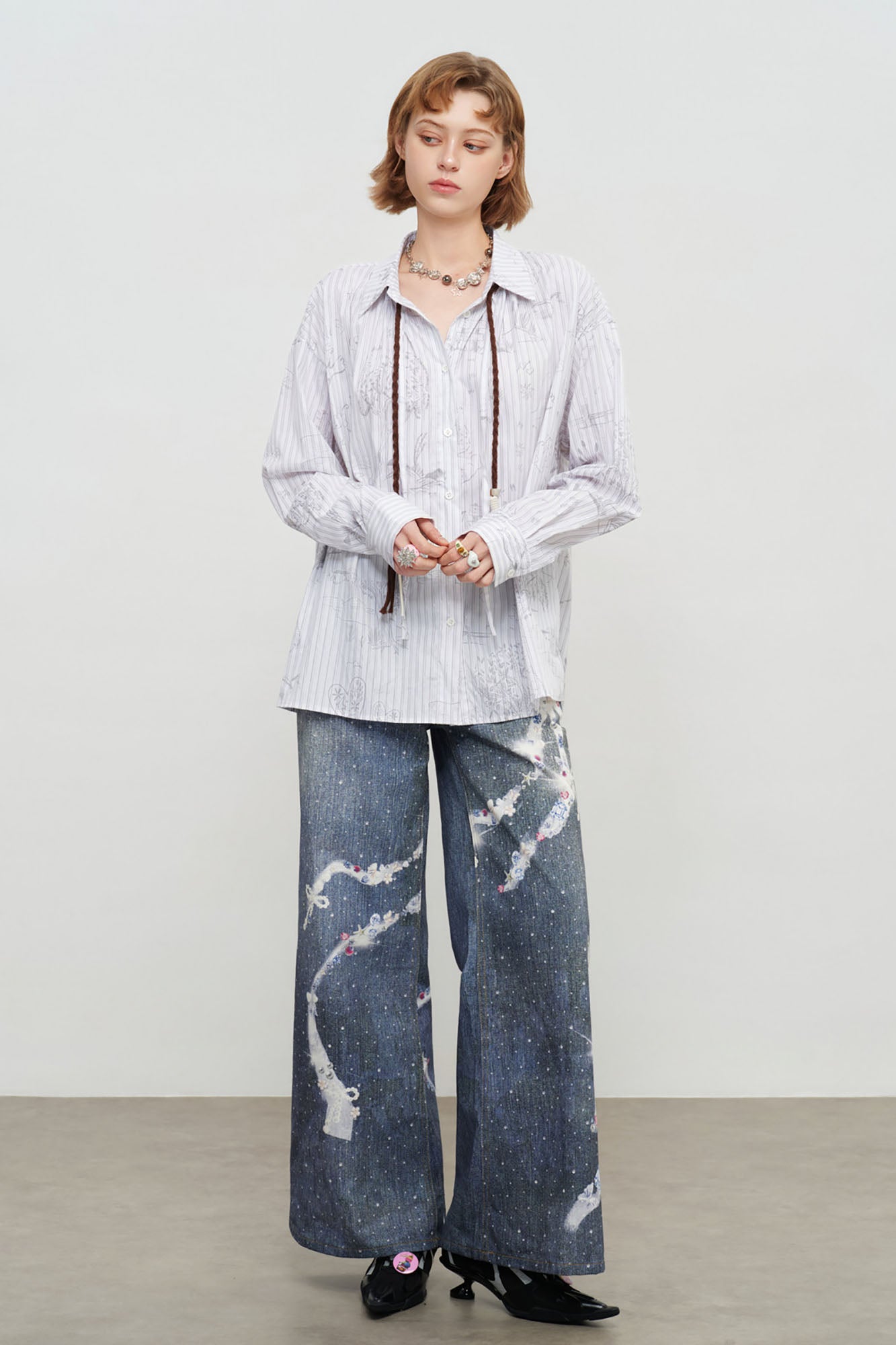 SOFITTE Pinstripe Sketch Full-Print Shirt with Tassel Ties