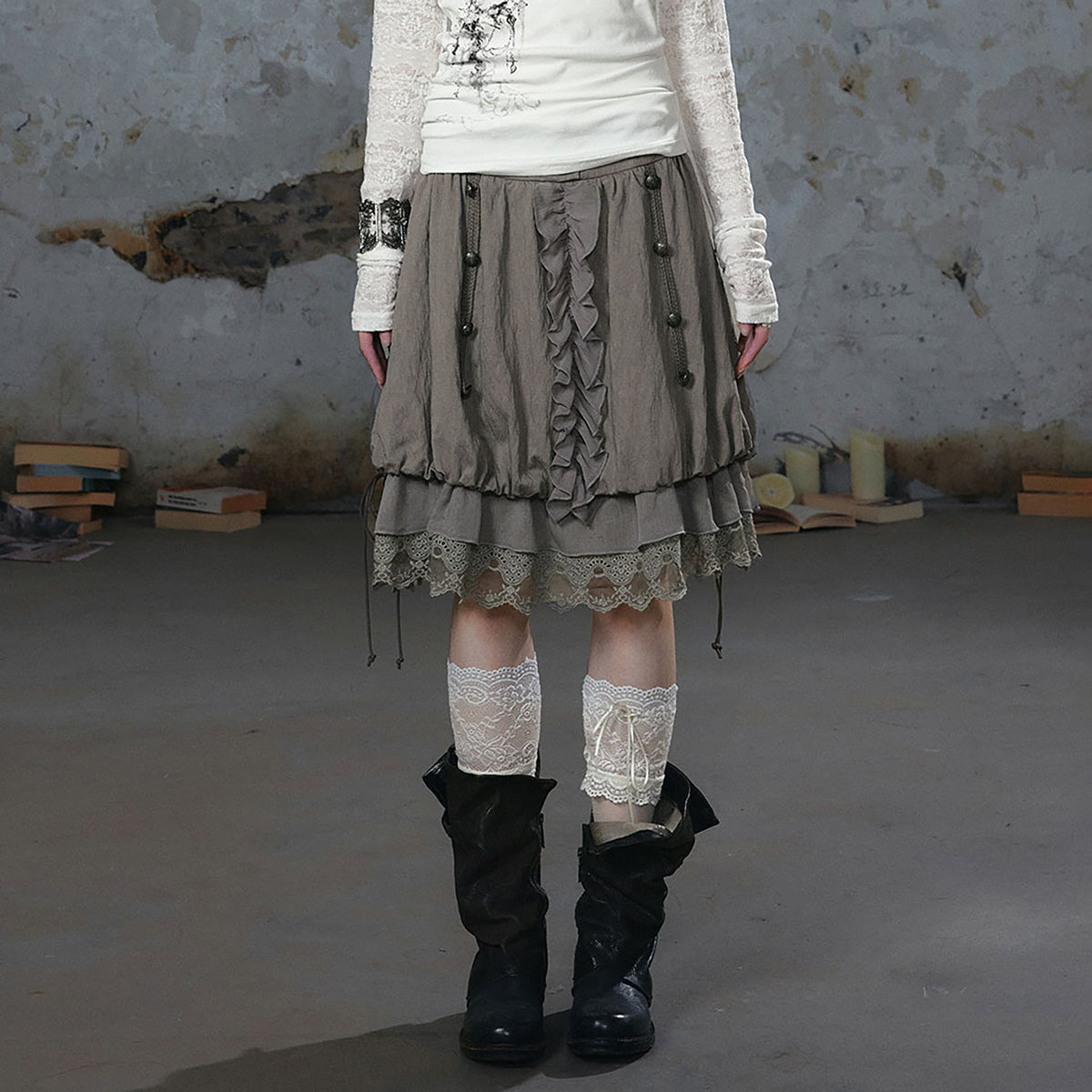 CESTNOUS Chiffon Lace Spliced Drawstring A-Line Skirt
