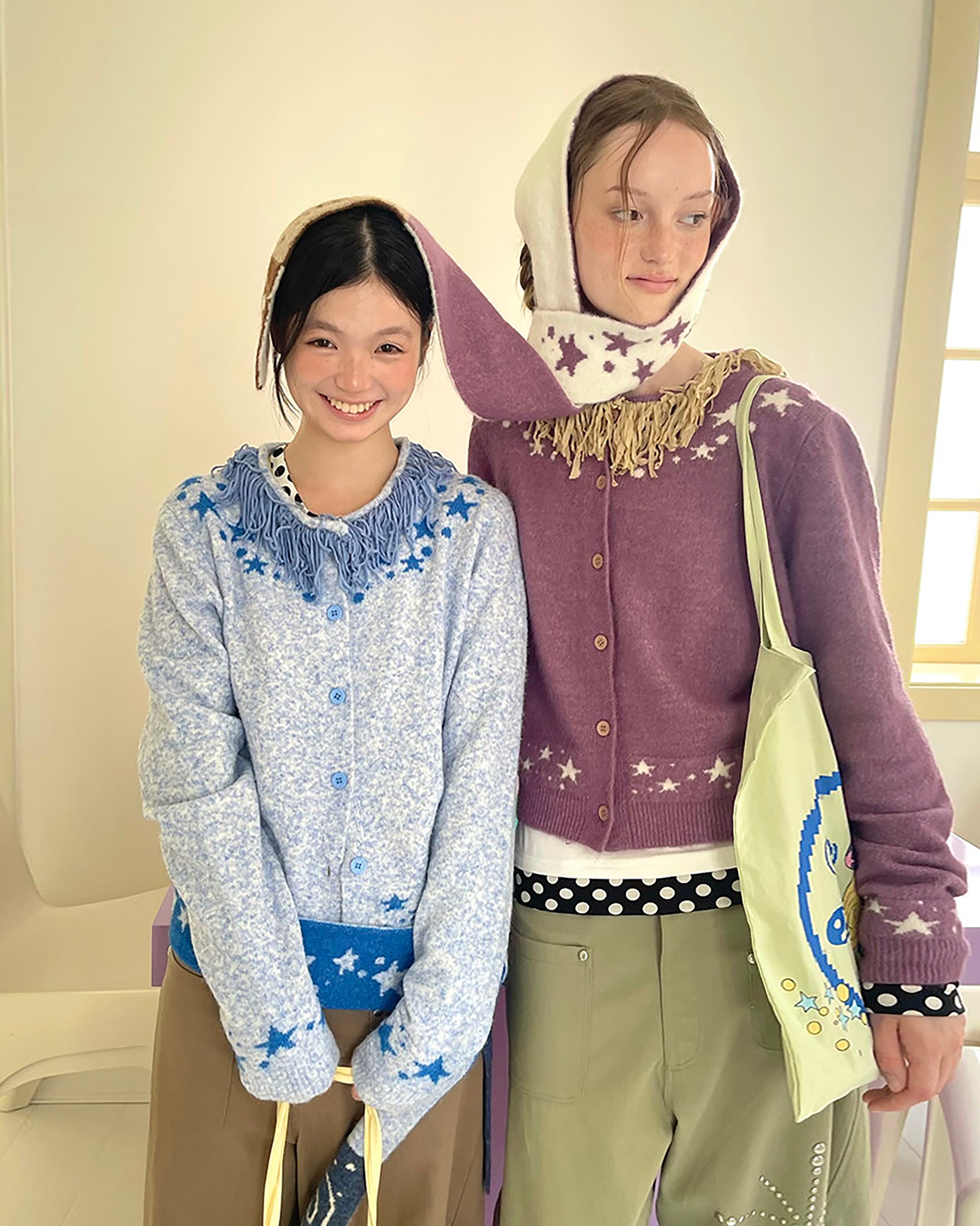 UNSOCIAL NIGHT Fringed Collar Star Jacquard Knit Cardigan