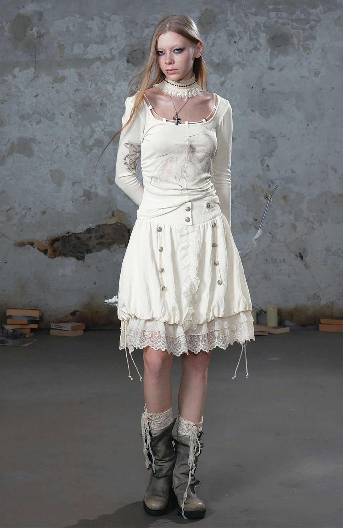 CESTNOUS Chiffon Lace Spliced Drawstring A-Line Skirt