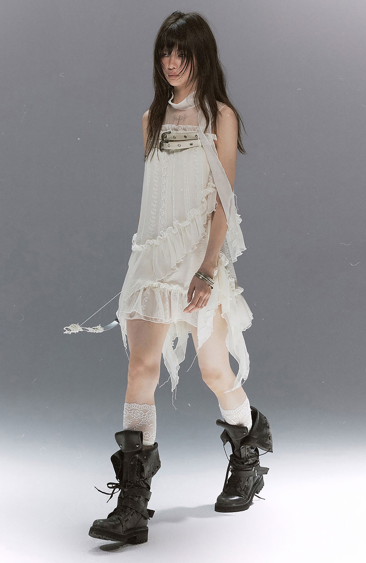 CESTNOUS Lace-Armored Cross Embroidered Layered Mesh Slip Dress