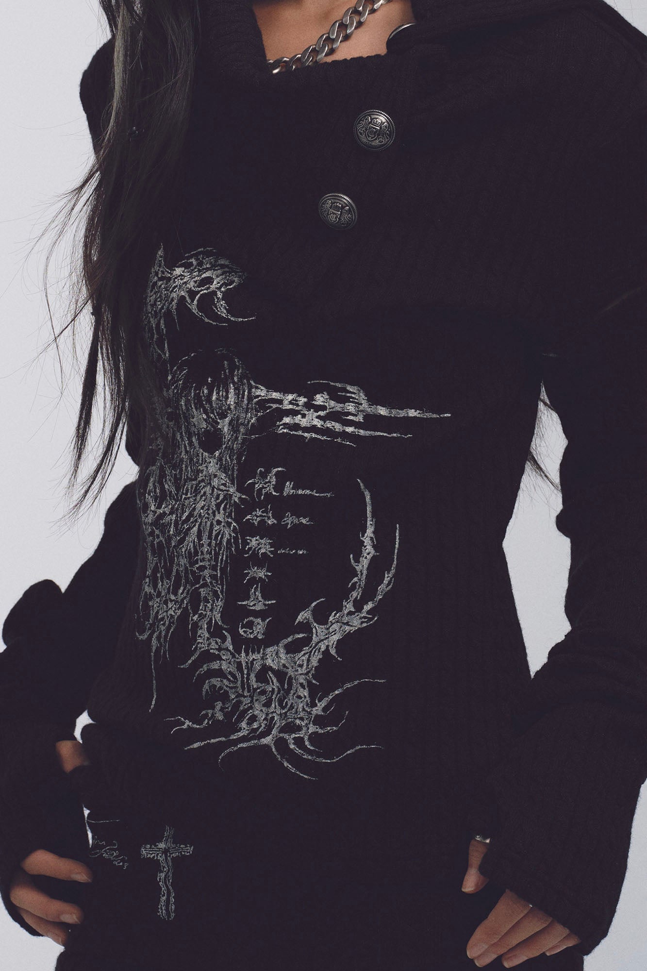 NONAME SPACE Deconstructed Funnel-Neck Cable Knit Sweater